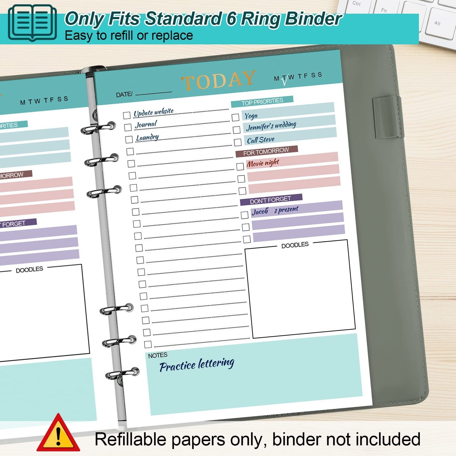A5 Refill Paper Planner Inserts, 3 Pack 6 Holes Loose Leaf A5, Green