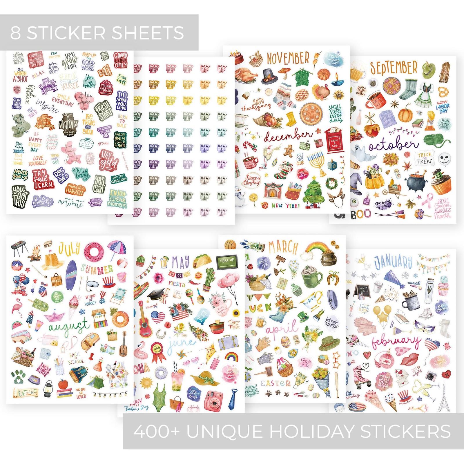 8 Sheets Aesthetic Monthly Planner Stickers 6 x 8 Inch Colorful Set