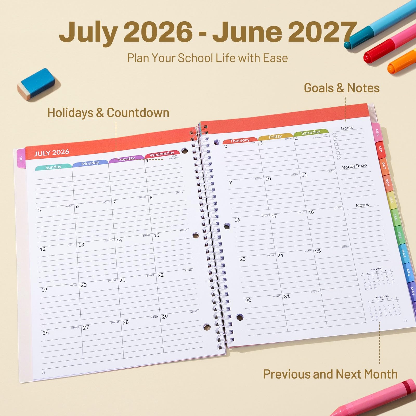 SUNEE Elementary Student Planner 2026-2027, A4 8.5″×11″, Beige Rainbow