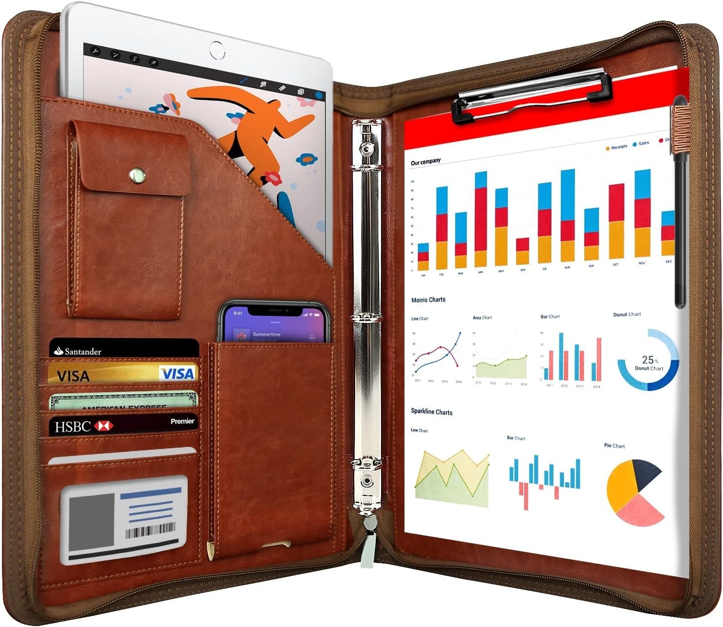 Zippered Portfolio Organizer, Leather Padfolio with 3 Ring Binder, Professional