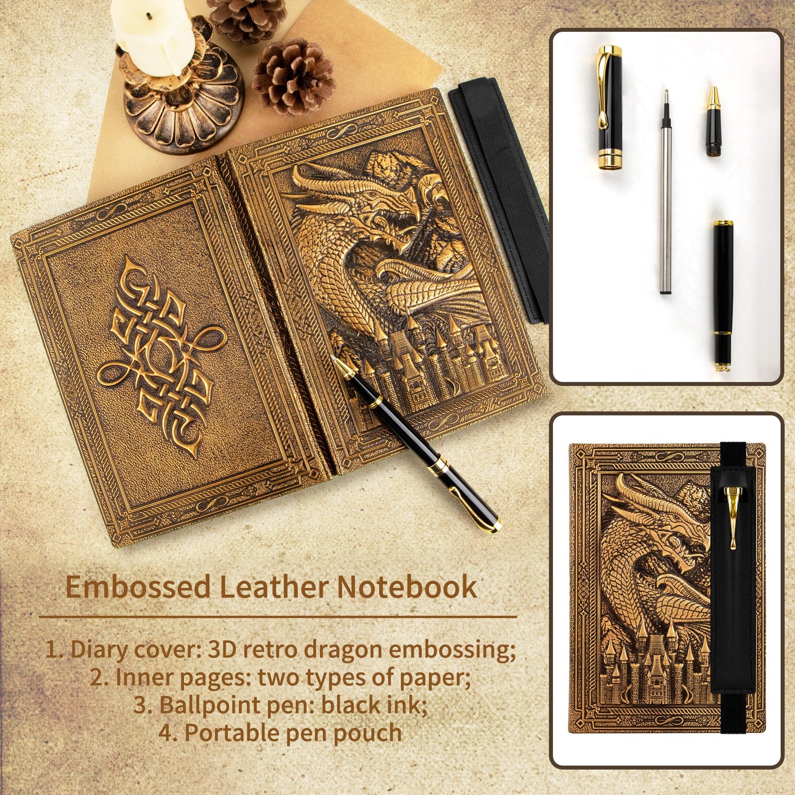 FEIDIAO Vintage Dragon Notebook,DND Travel Journal with Ballpoint Red Copper