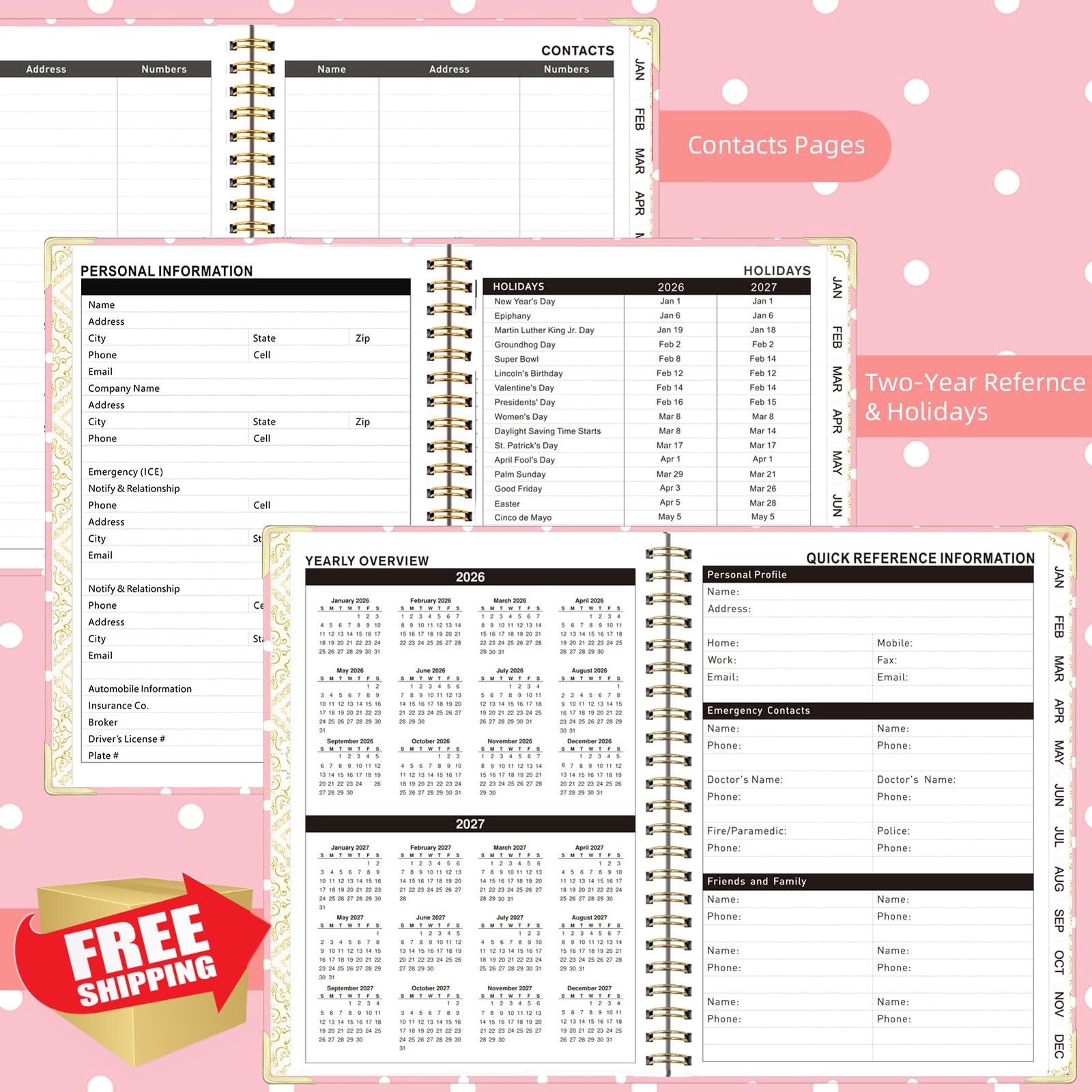Knagsfa 2026-2027 planner pink white polka dots