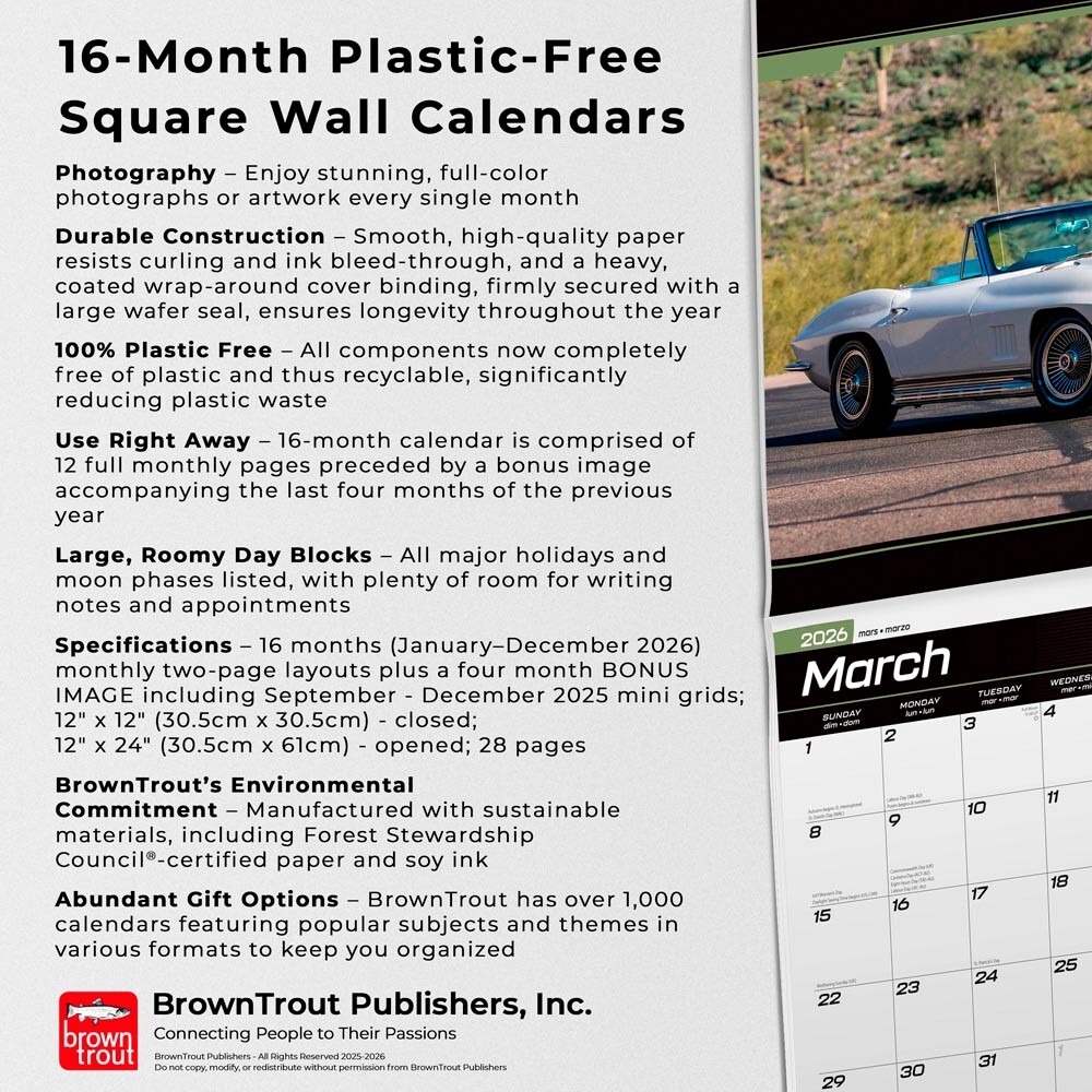 Corvette OFFICIAL | 2026 12×24″ Square Wall Calendar | Plastic-Free