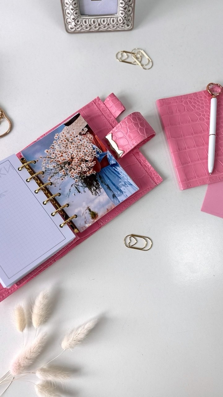 Owl Leather Mini Planner Set – Pocket Size A7 binder 6 rings– pink Croc Embossed