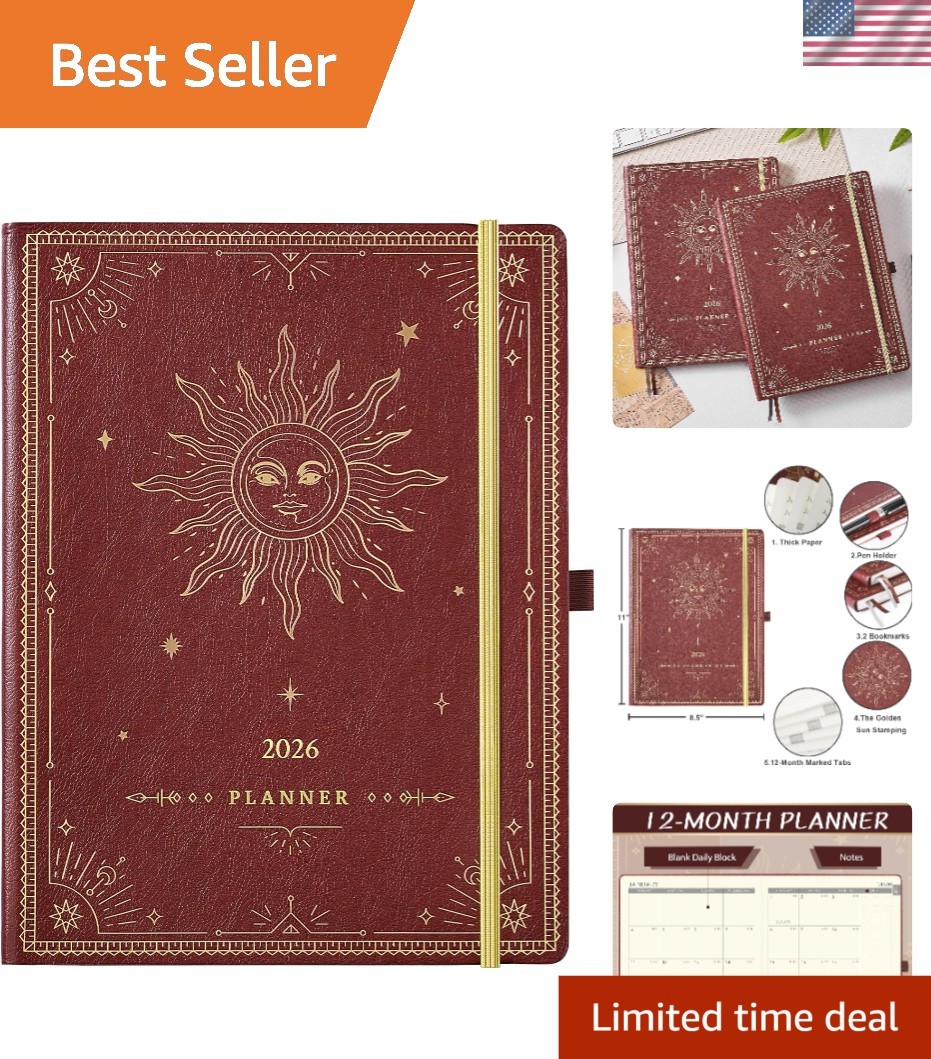 Elegant 2026 Leather Planner – 9″x11″, Weekly & Monthly Layouts Plus Accessories
