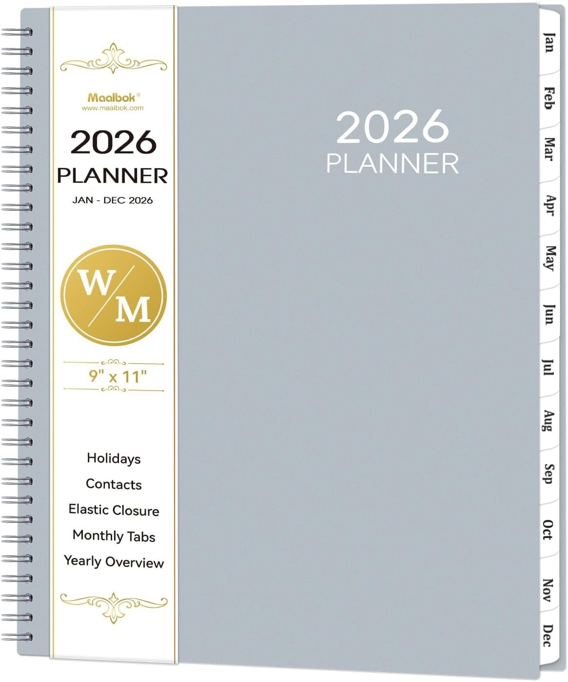 Comprehensive 2026 Planner – Gray, 9″ x 11″ with Easy Access Tabs & Pocket