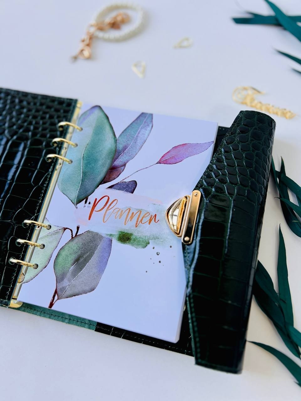 Green Genuine Leather Organizer – Croc Print notebook