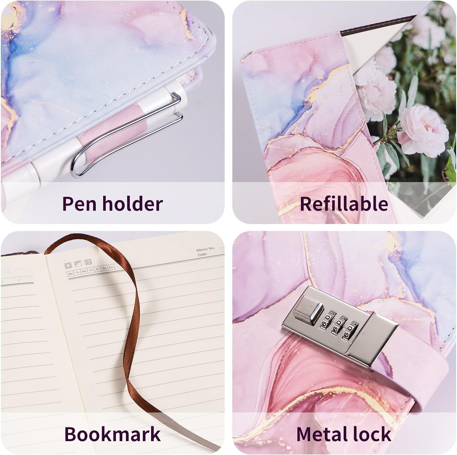 Marble Diary with Lock for Girls and Women, A5 Leather Locked Journal Pink
