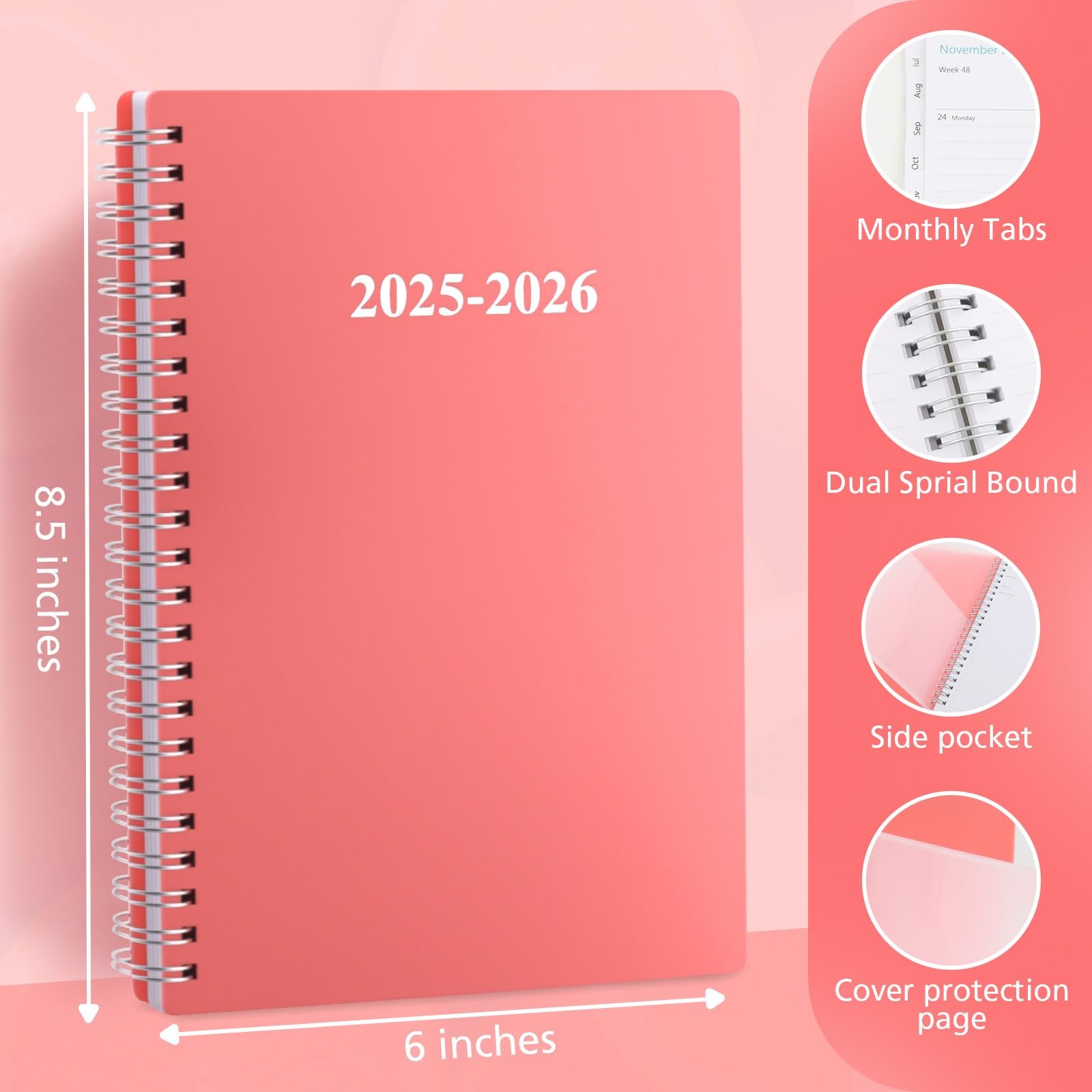 Planner 2025-2026,Academic Year Weekly and Monthly 6 x 8 inches, Pink