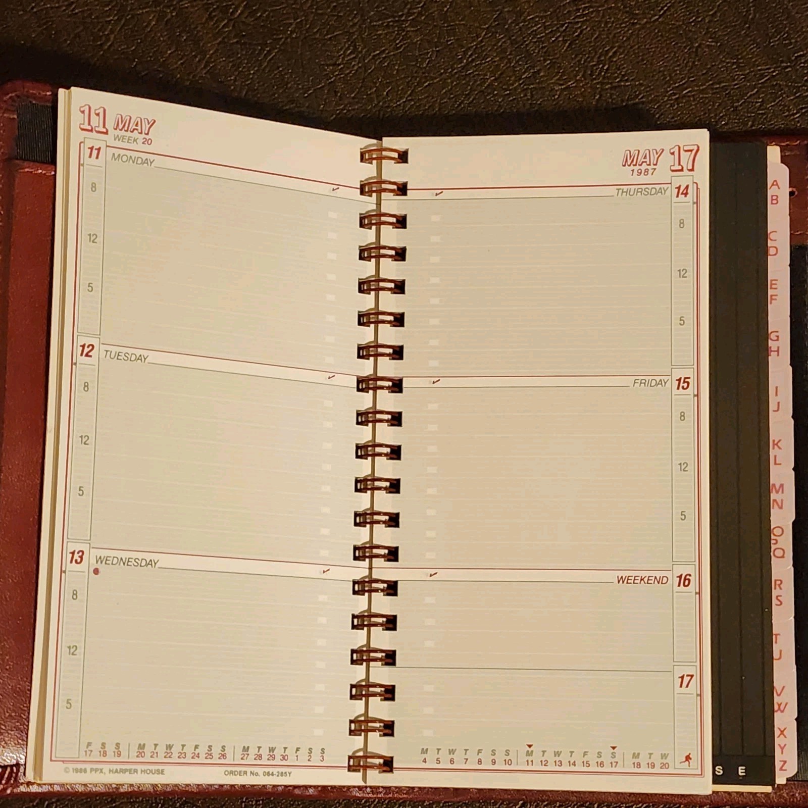 Vintage 1987 Harper House Genuine Leather Small Planner Agenda Burgundy w/ Pen