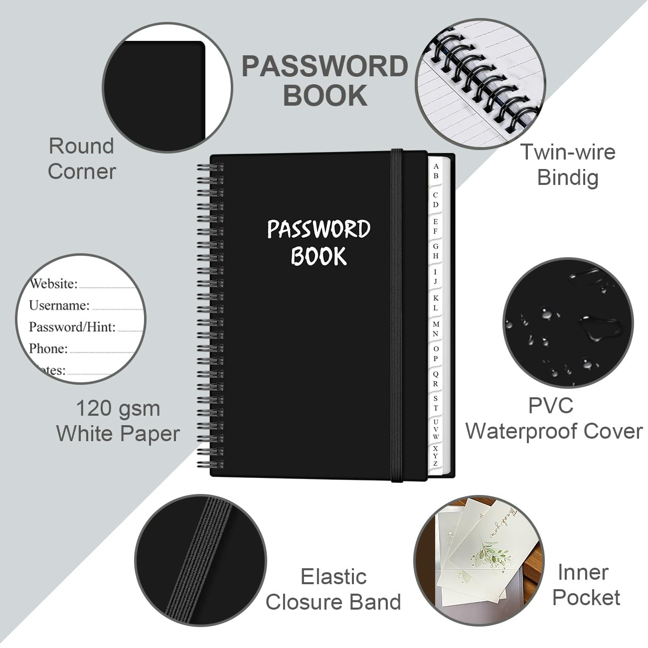 Password Book Alphabetical Tabs Large Login Keeper Journal Notebook 6.4 x 8.5 Bl