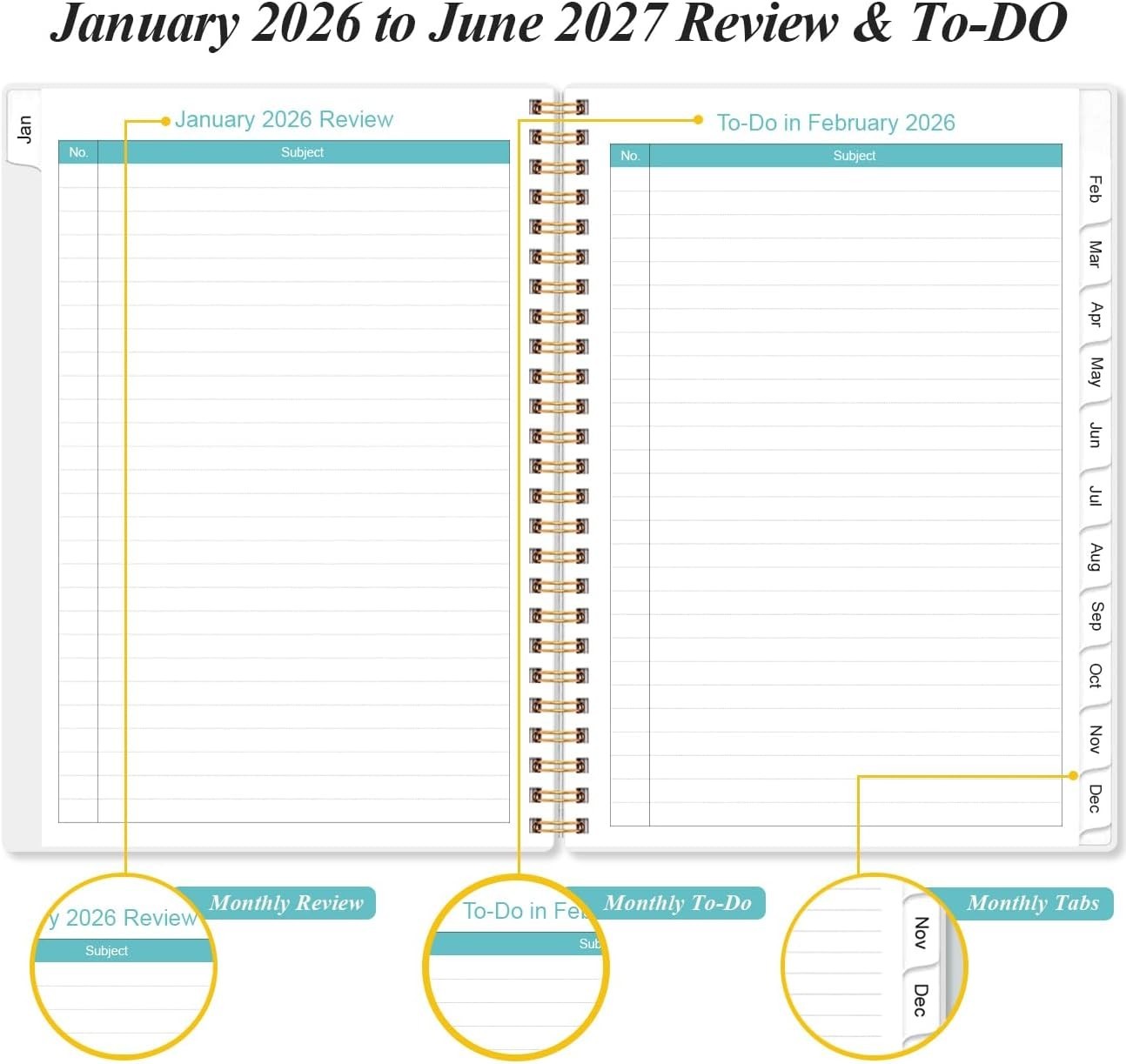 Stylish 2026-2027 Planner – Tabbed Monthly Layout with Ruled Pages, Teal Floral