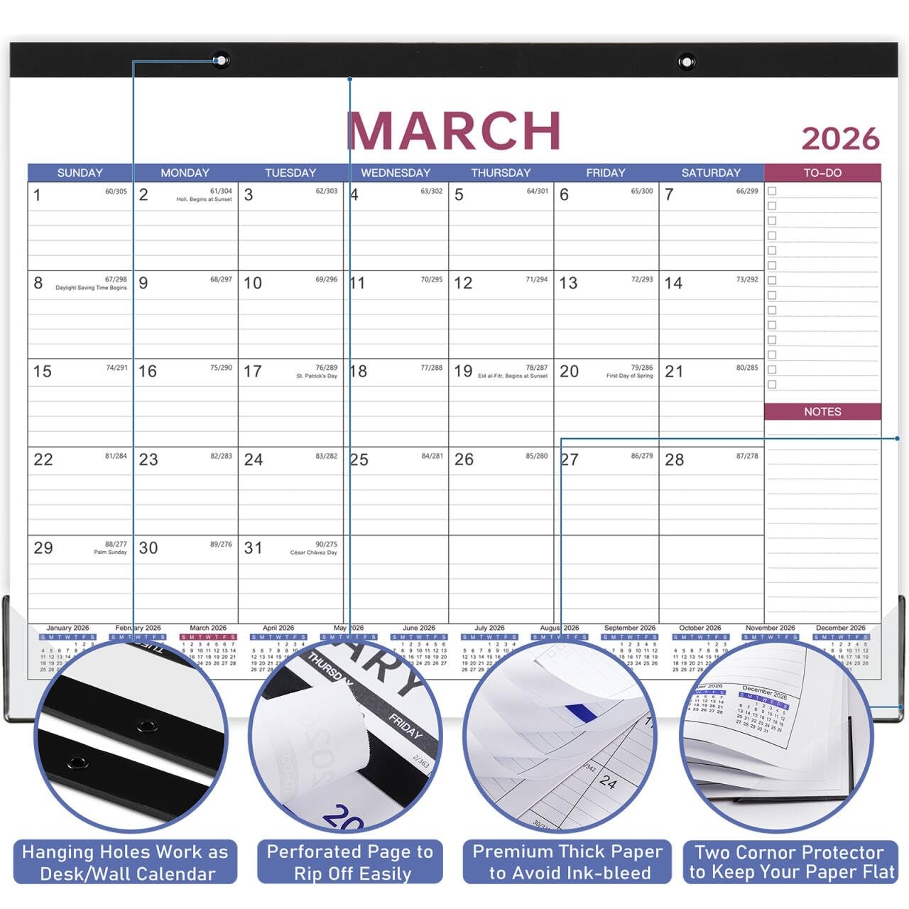 2026 Desk Calendar – Large 17″ x 12″, Black, Grey, Blue, Purple, Red