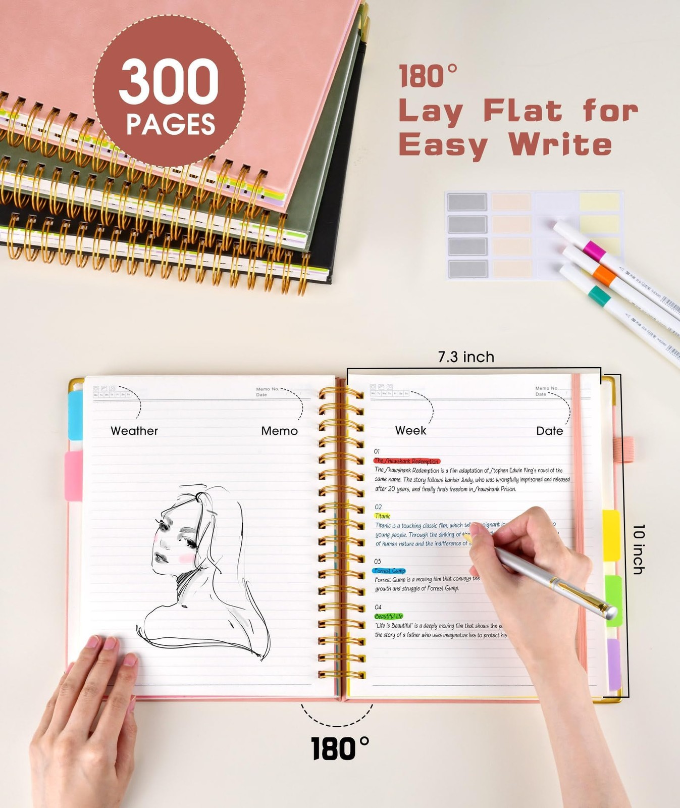 Hardcover Spiral Notebook Journal with Removable Dividers Tabs, 300 Pages Lea…