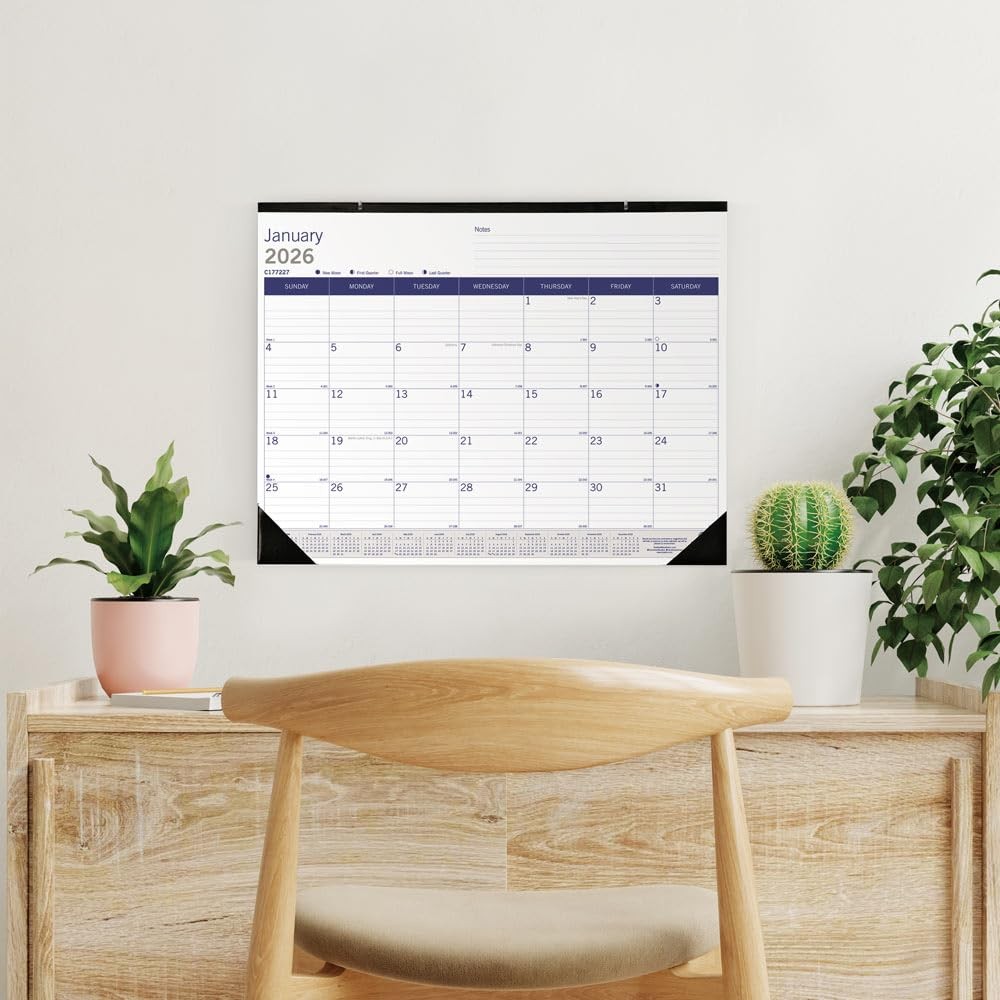 Blueline® 2026 DuraGlobe™ Monthly Desk Pad Calendar, 22″W x 17″H, Blue/White