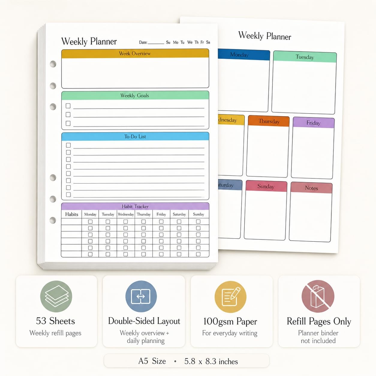 A5 Weekly Planner Inserts, Undated 6-Hole Planner Refill Pages with To-Do Lis…