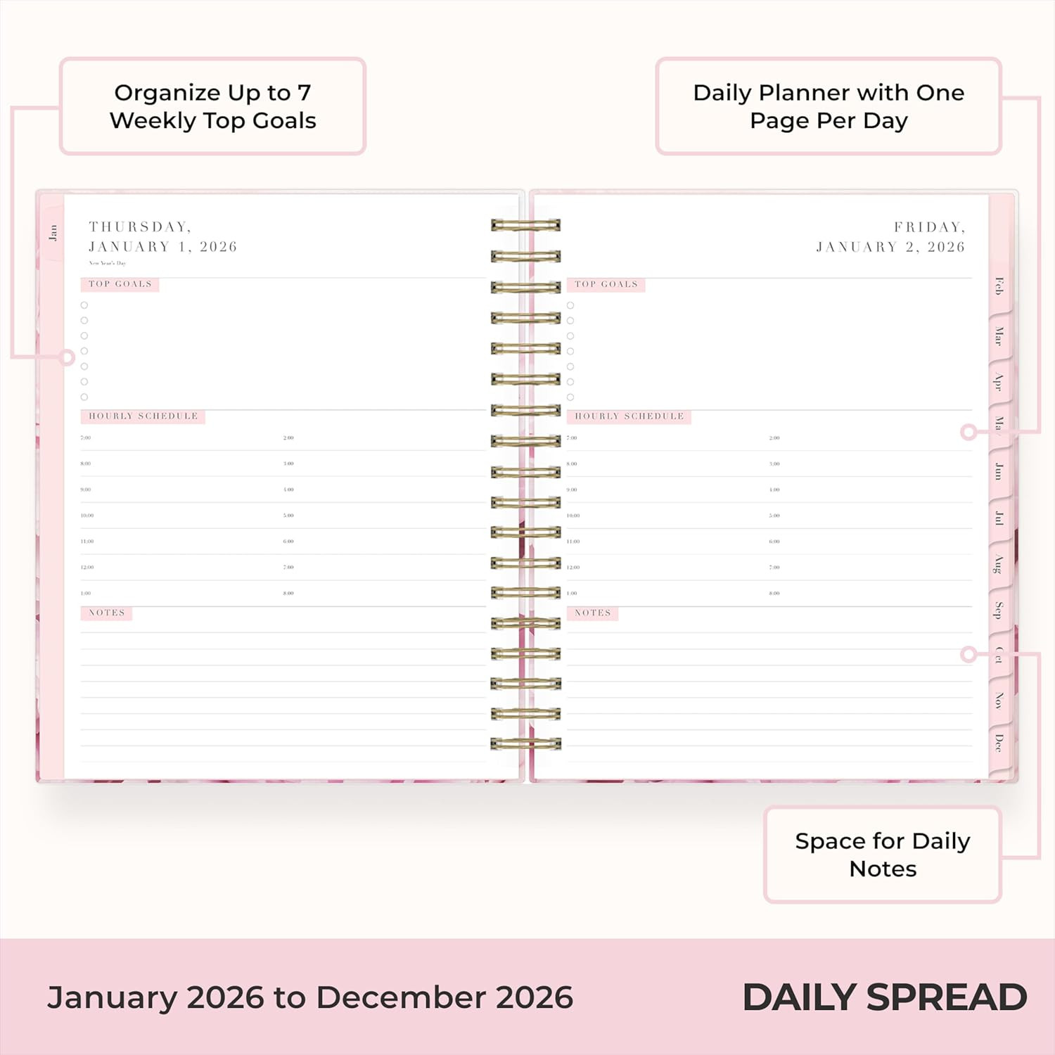 2026 Daily and Monthly Planner Calendar, January – December, 7″ X 9″, Hard Cover