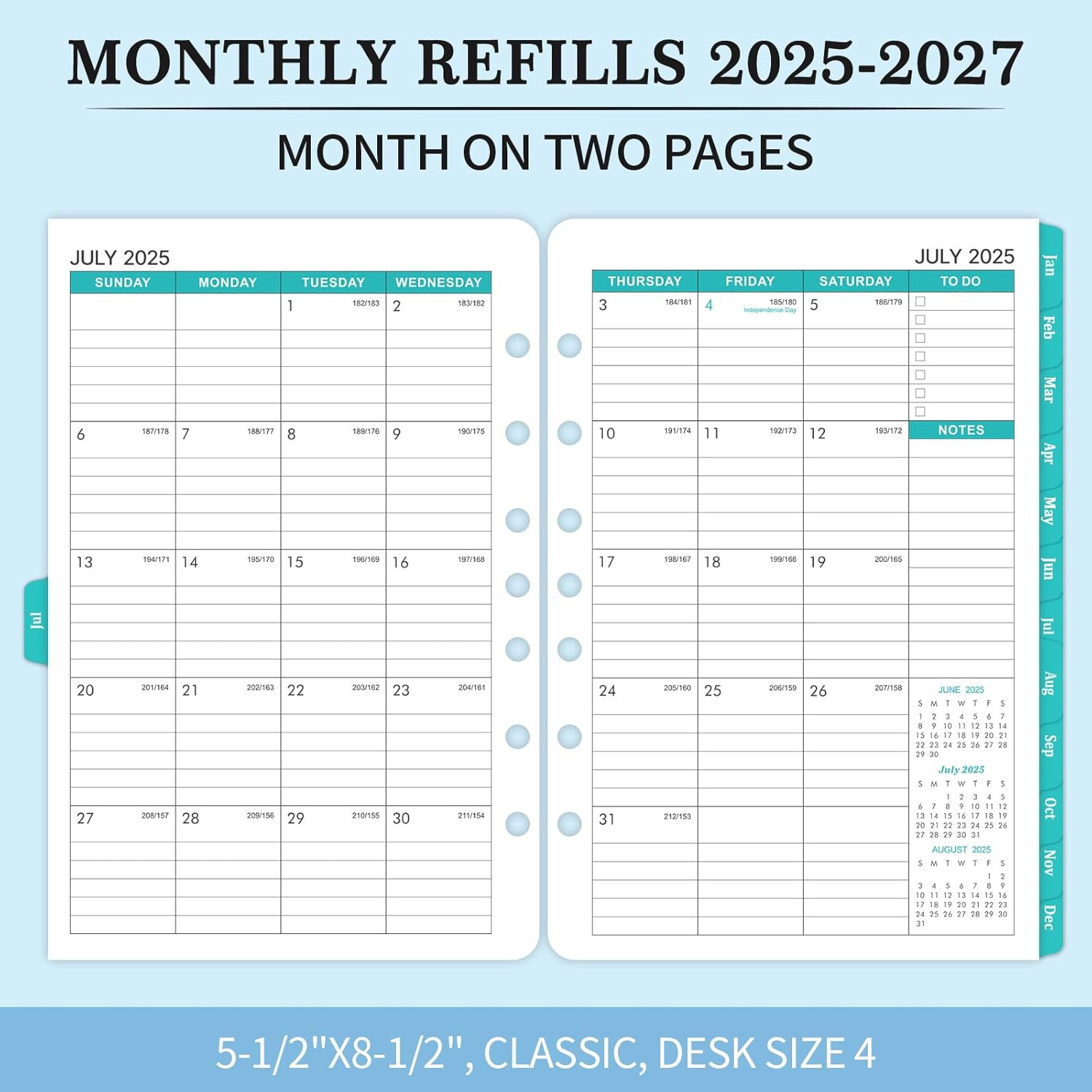 2025-2027 Monthly Planner Refill – Planner Inserts with 7-Hole Punched, 5-1/2″ X