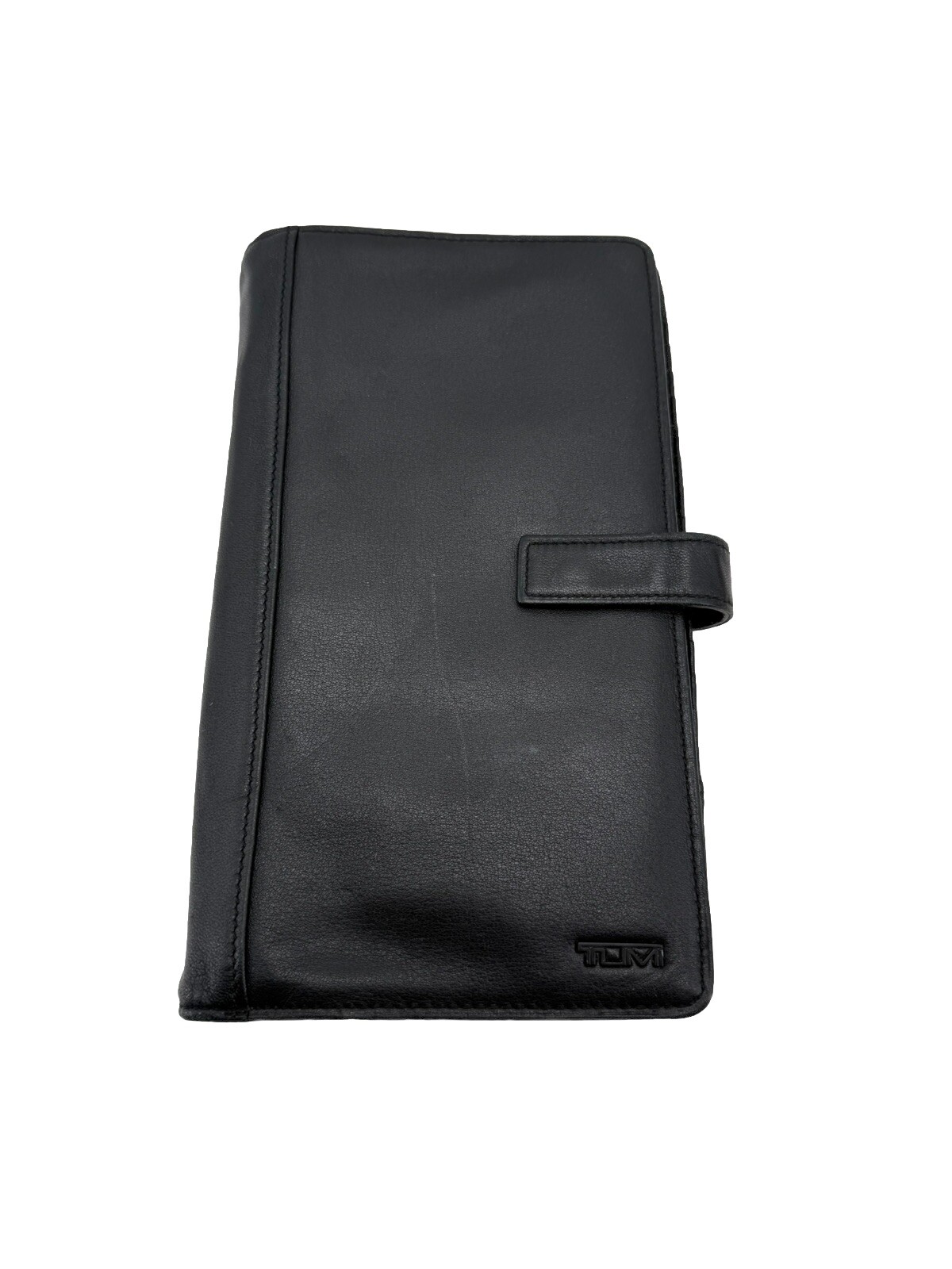 Tumi Folio Vertical Card Organizer Black Leather Pen Holder Zip Pocket 8.5”