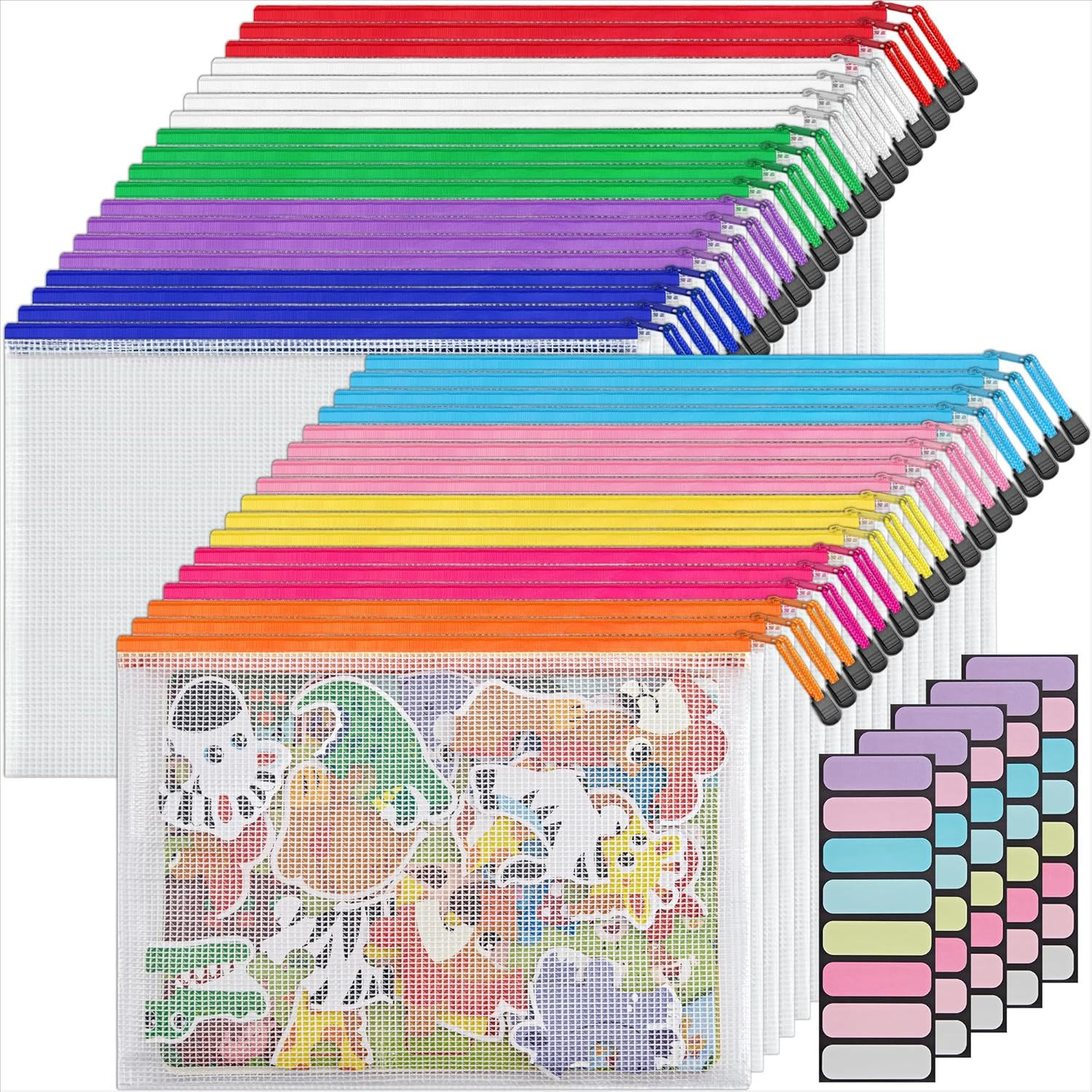 A4 Letter Size 36 Pack 10 Colors Zipper Mesh Document Pouch, Mesh Bags for Board