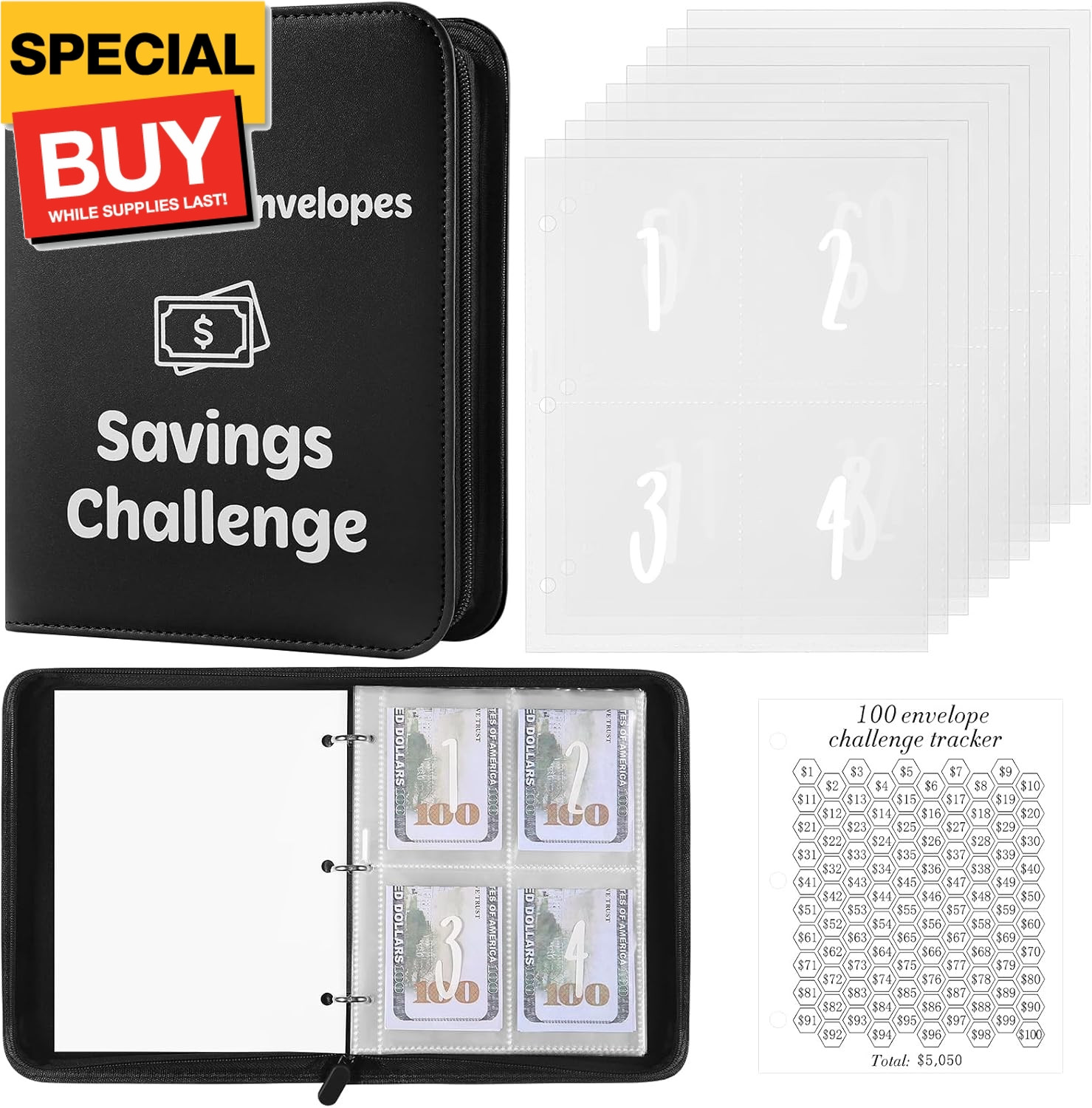 100 Envelopes Money Challenge Binder with Laminated Tracker, Budget Binder with