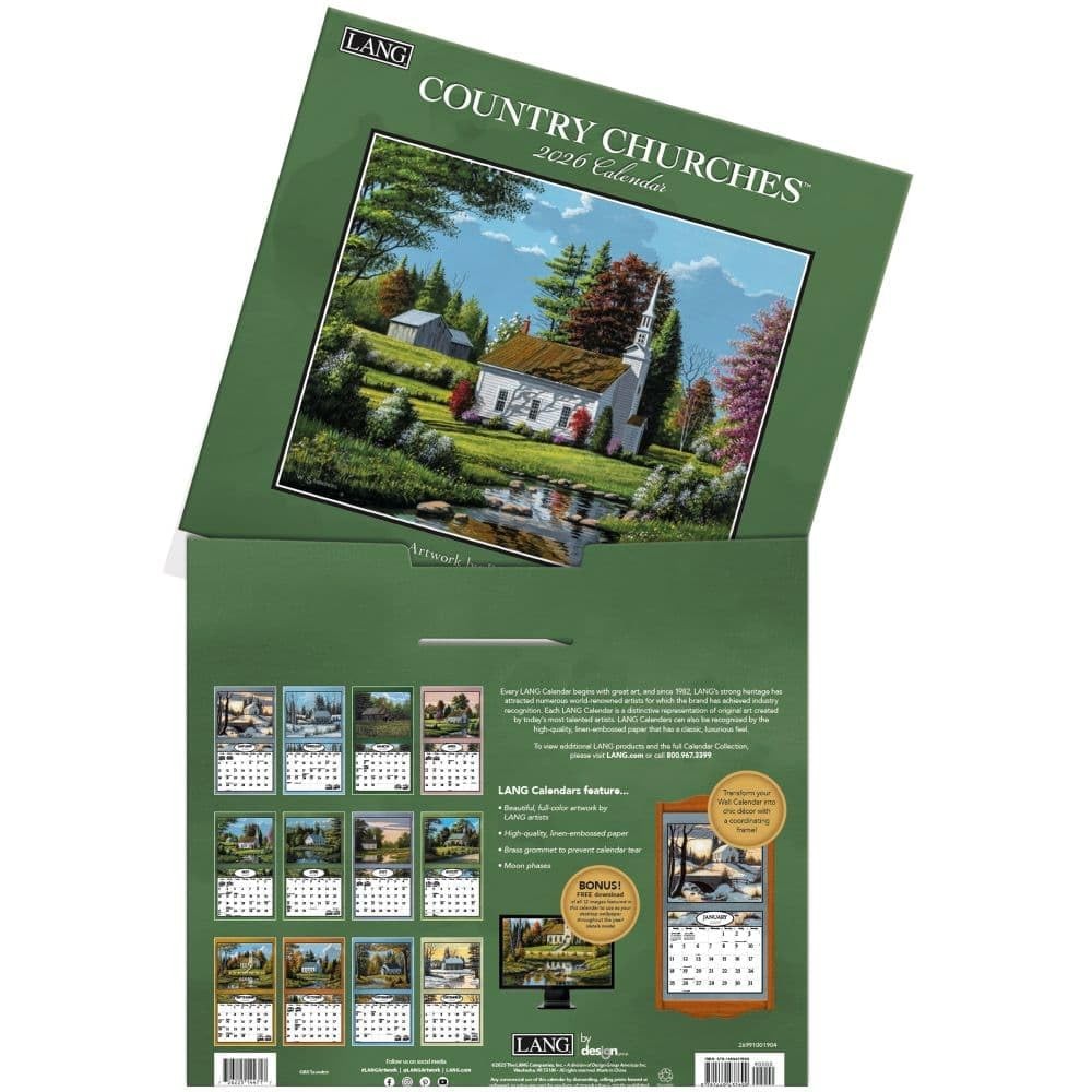 Lang, Country Churches 2026 Wall Calendar by Bill 12.5″W x 0.2″H, 2026