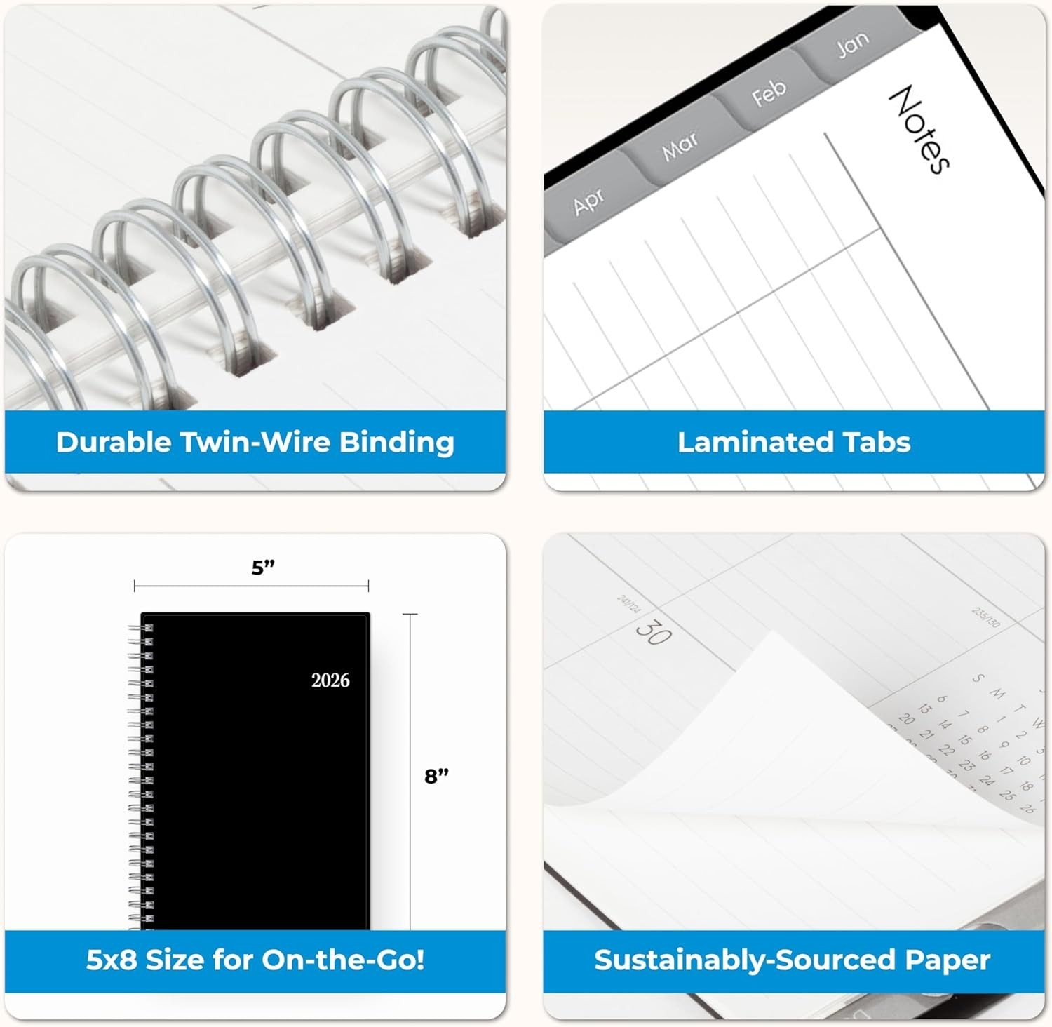 2026 Wirebound Planner – Monthly/Weekly Layouts, Flexible Cover, 5″ x 8″