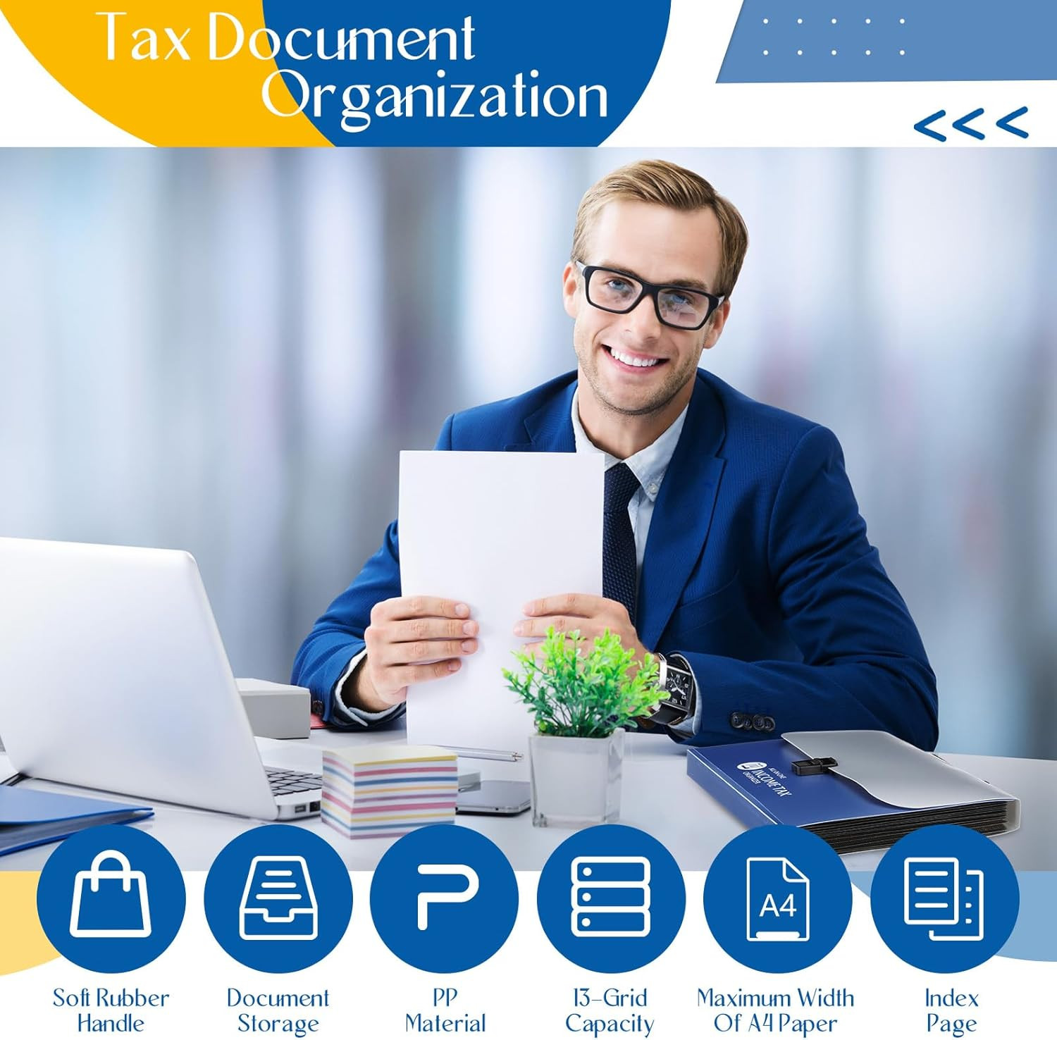 Tax Document Organizer with 13 Pockets, Portable A4 Expanding File Folder (Blue)