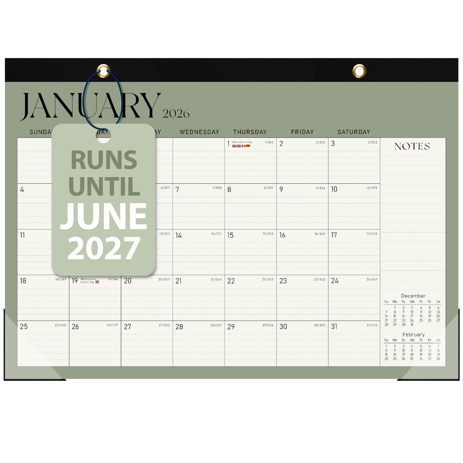 2026 Desk Calendar, Large Desktop/Wall 17″x12″(Jan 2026-Jun 2027）, Green