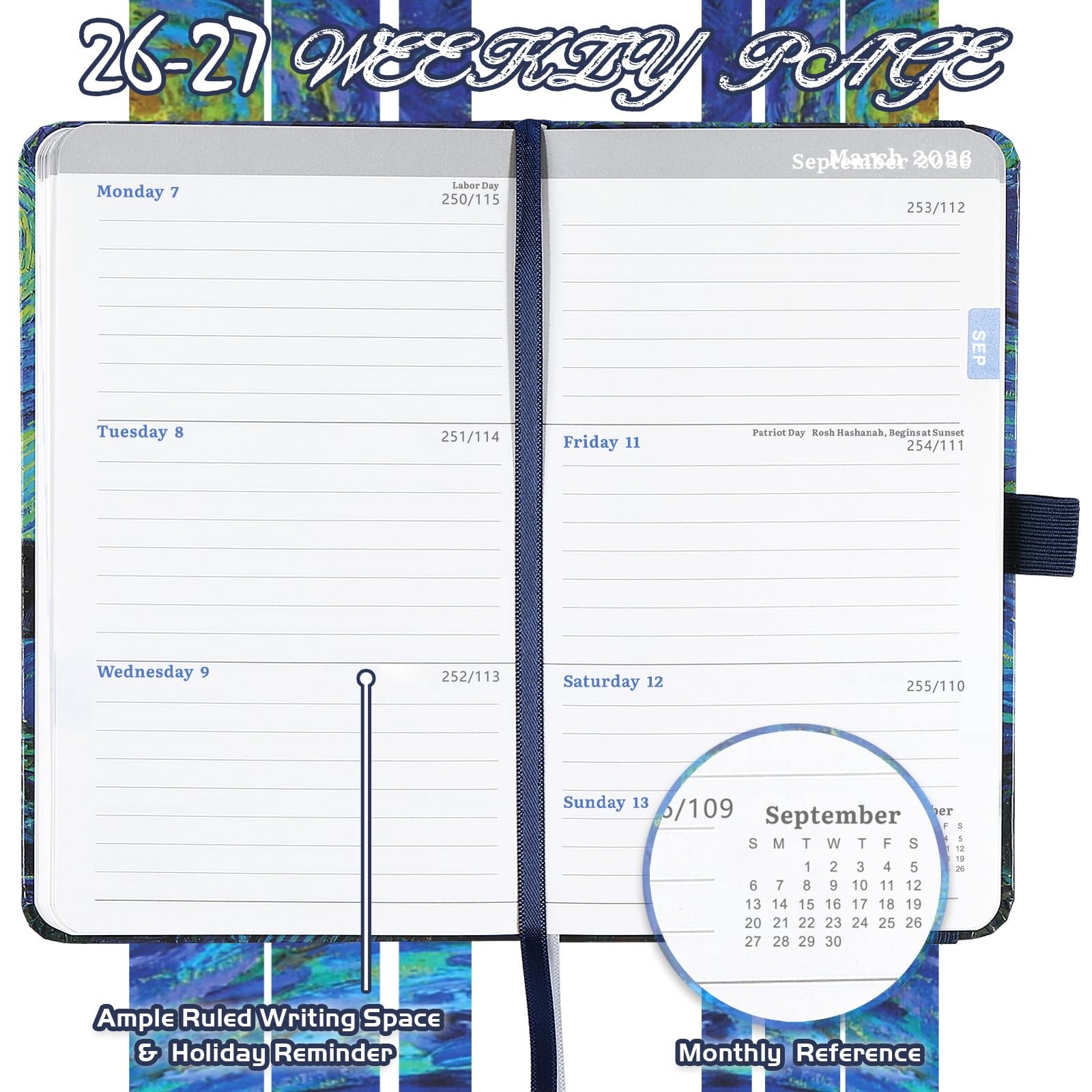 Pocket Planner 2026 2027 Weekly Monthly Calendar 3.8 x 6.3 Hardcover Pen Holder