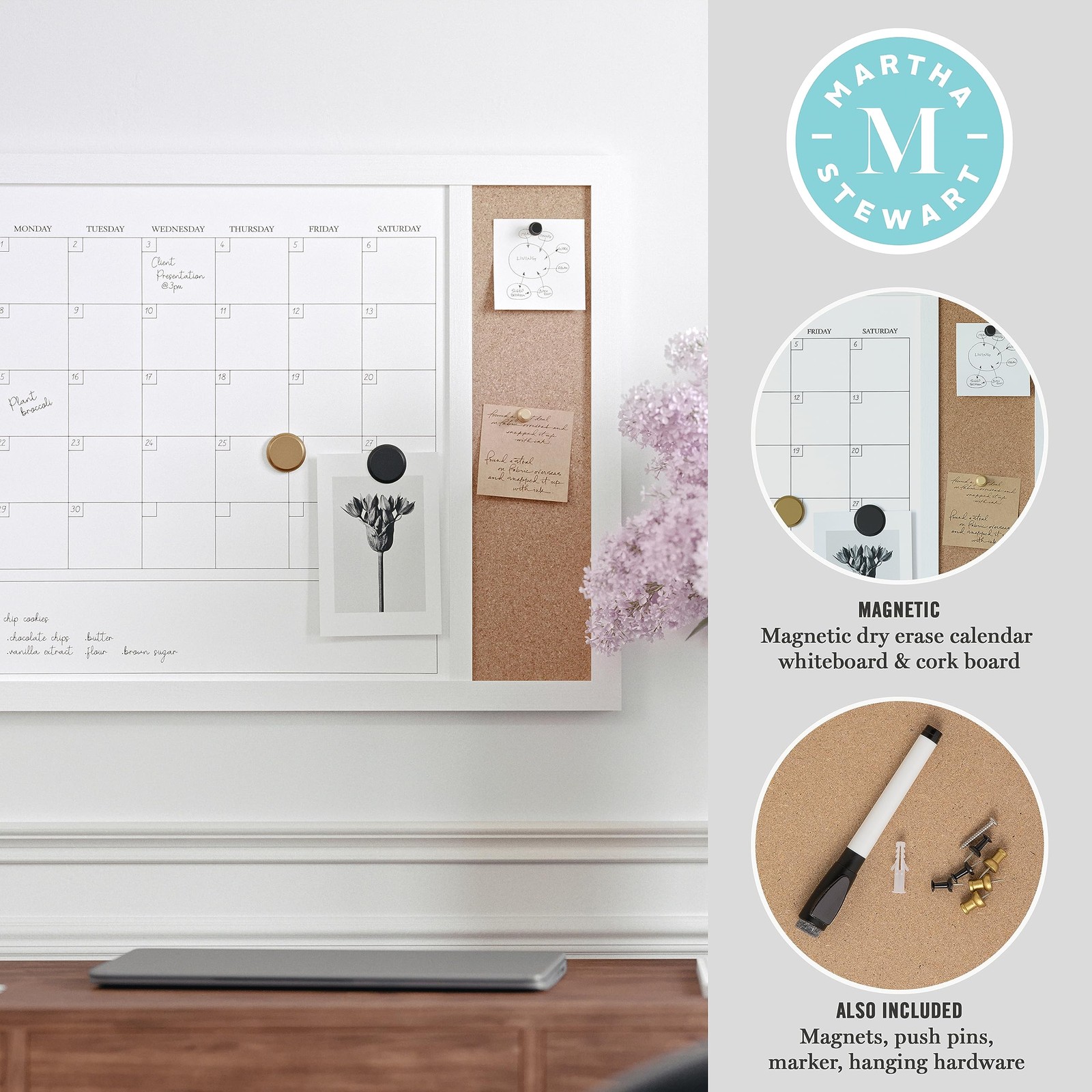 Martha Stewart Everette Magnetic Dry Erase Monthly Calendar And Cork Board