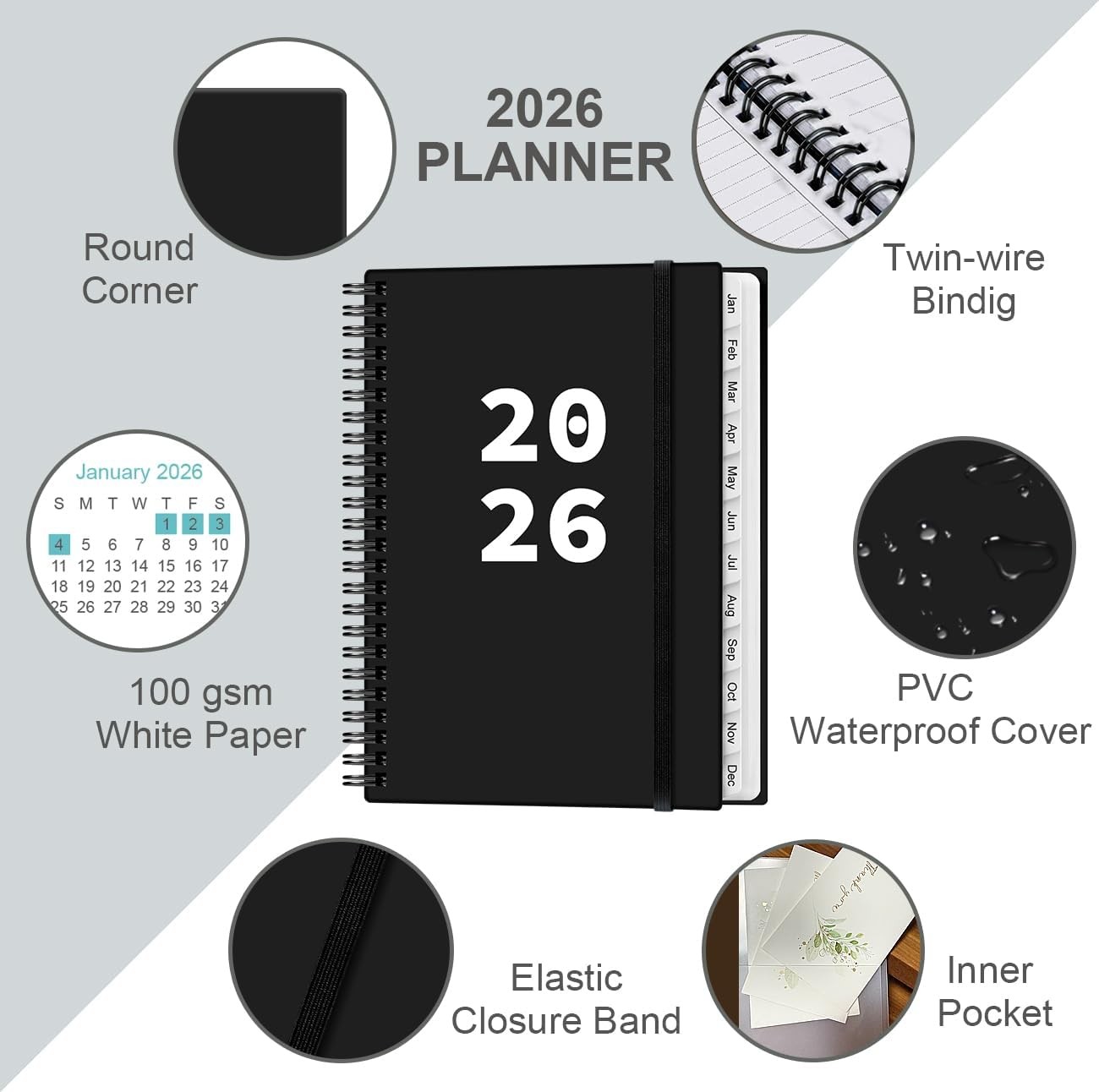 2026 Planner Jan-Dec Weekly Monthly Spiral Bound Tabs Pocket 6.4×8.5 Black