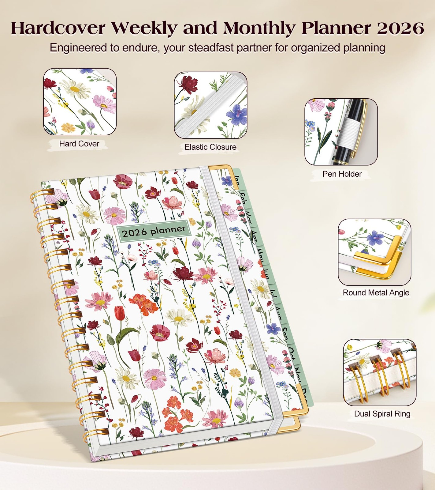 2026 Hardcover Weekly Monthly Planner A5 Spiral Agenda Wildflower Cover