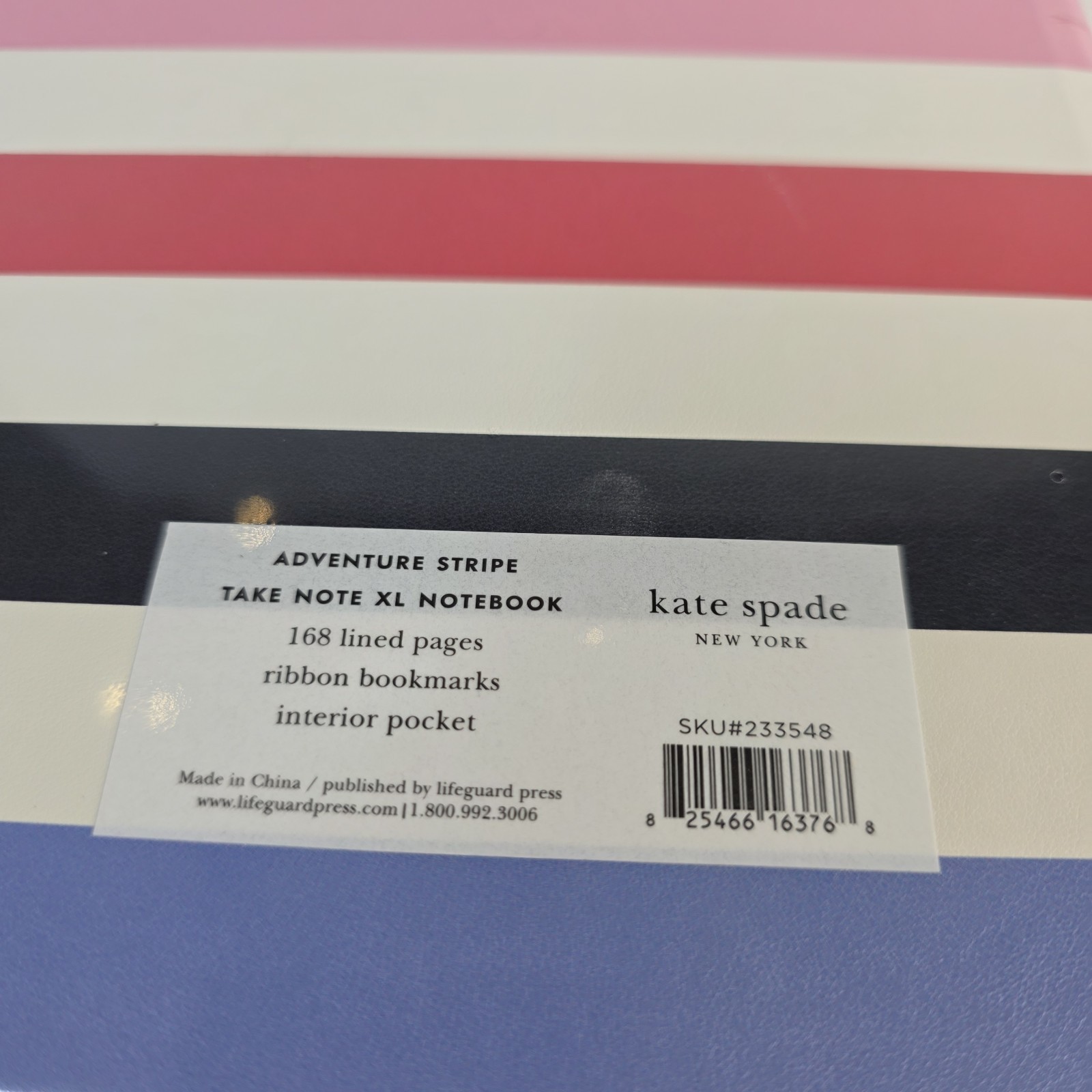 Kate Spade Adventure Stripe Take Note XL Notebook 168 Lined Pages Ribbon Pocket