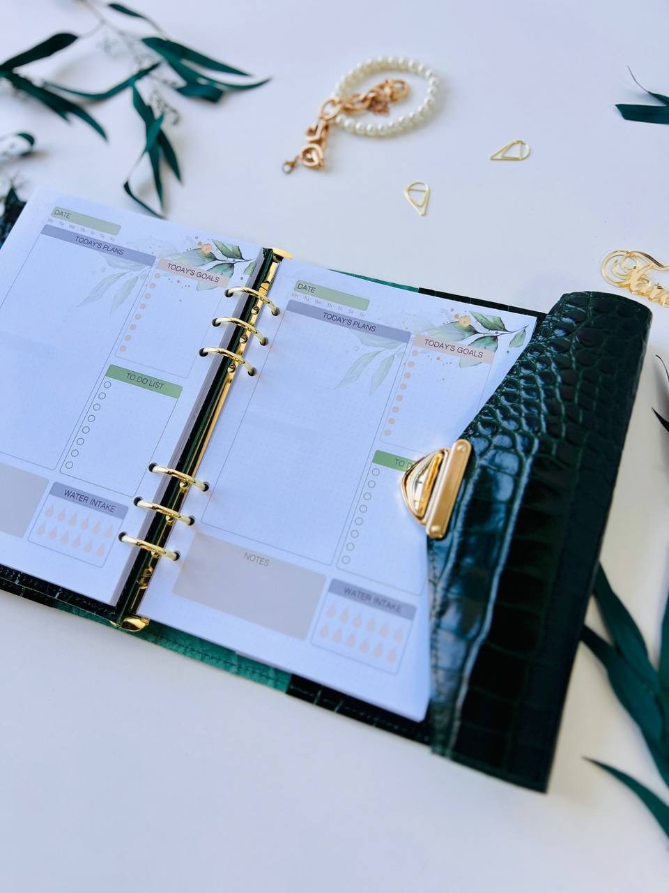 Green Genuine Leather Organizer – Croc Print notebook