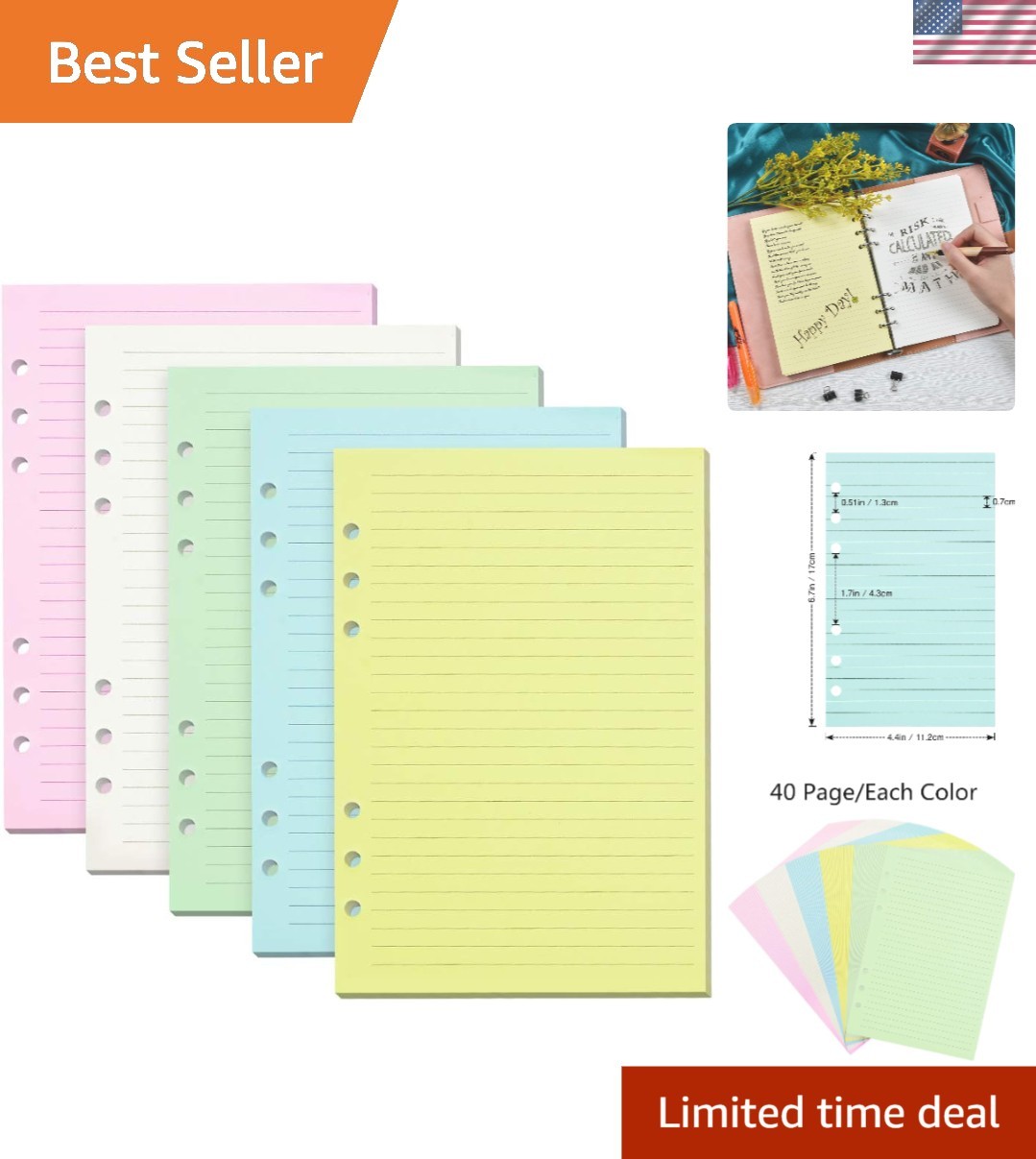 120 GSM Thick Lined Refill Paper: 200 Pages in 5 Pastel Colors for A6 Binders