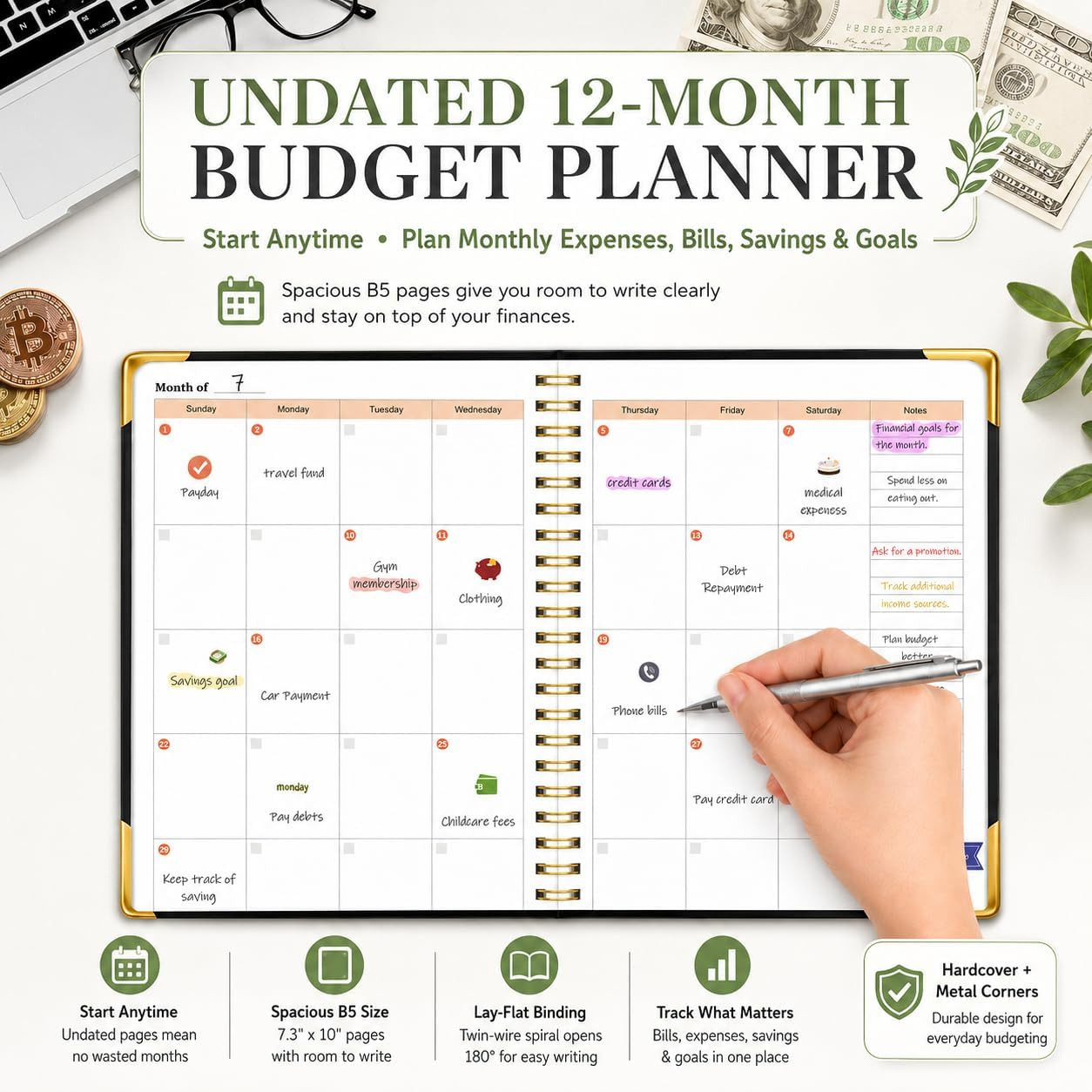 Budget Planner, B5 Undated 12-Month Financial Organizer with Bill Tracker | H…