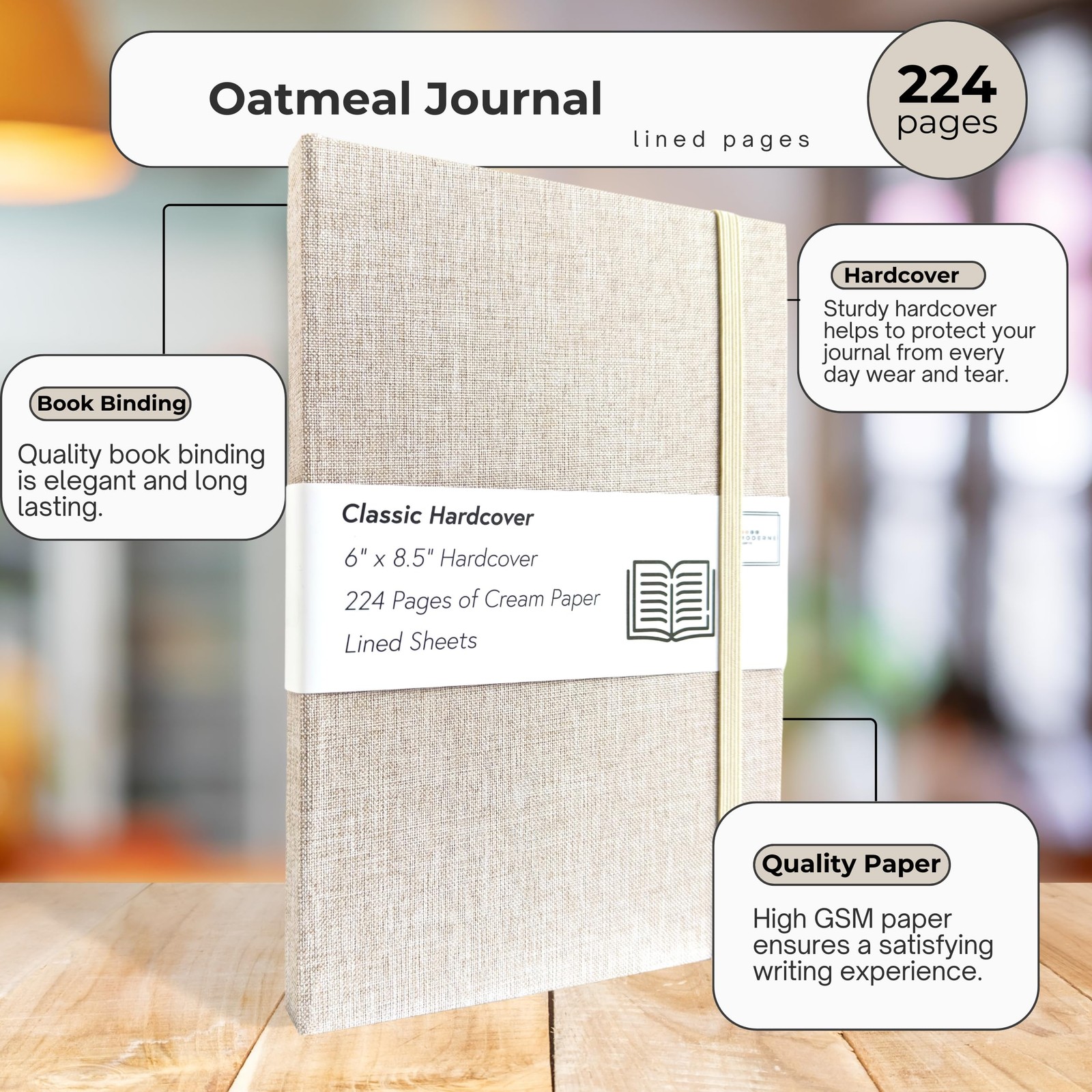 Portage Lined Hardcover Aesthetic Notebook Writing Pages, Oatmeal