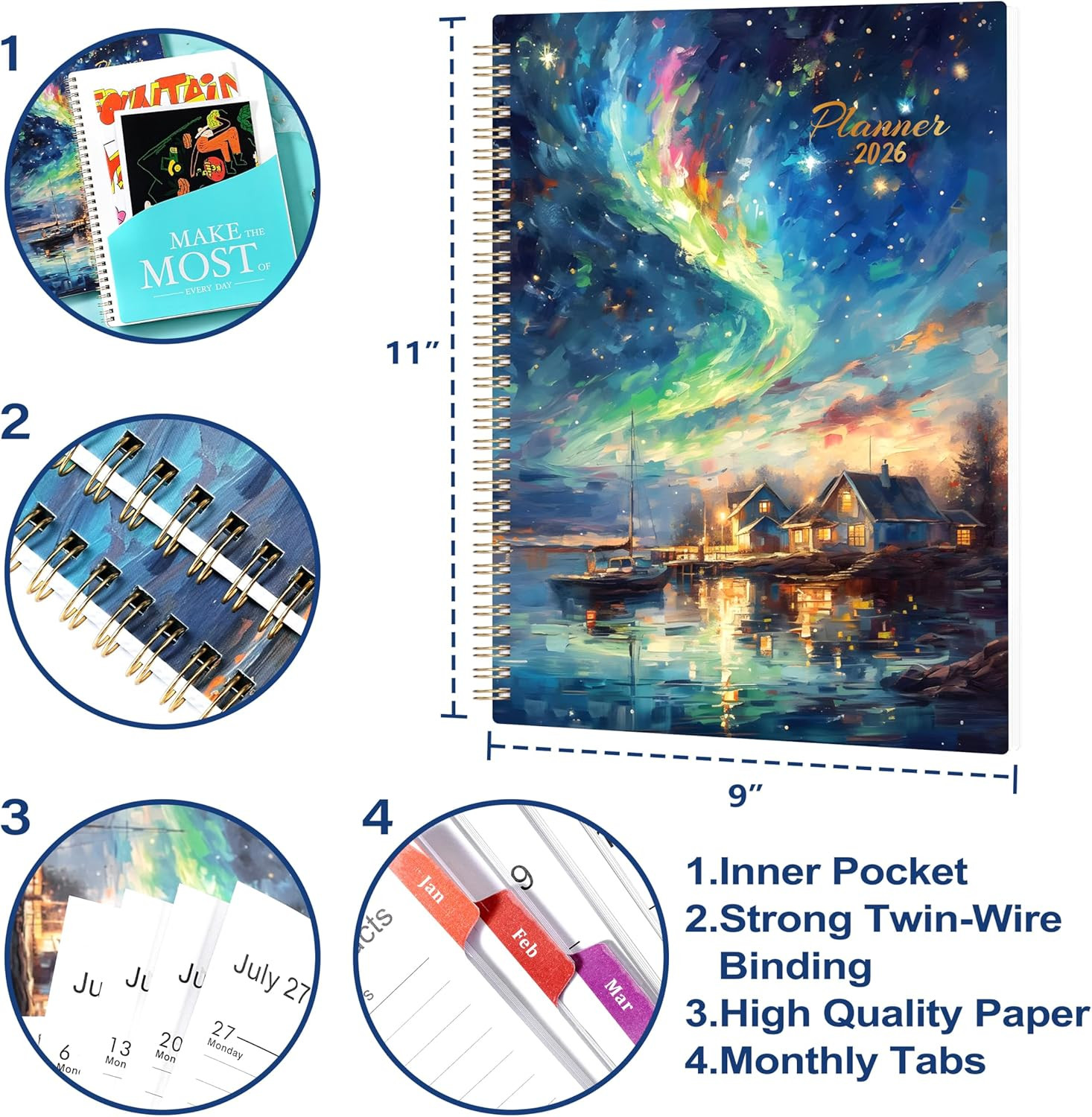 2026 Planner Weekly & Monthly, 8.5×11 Calendar with Tabs & Inner Pocket