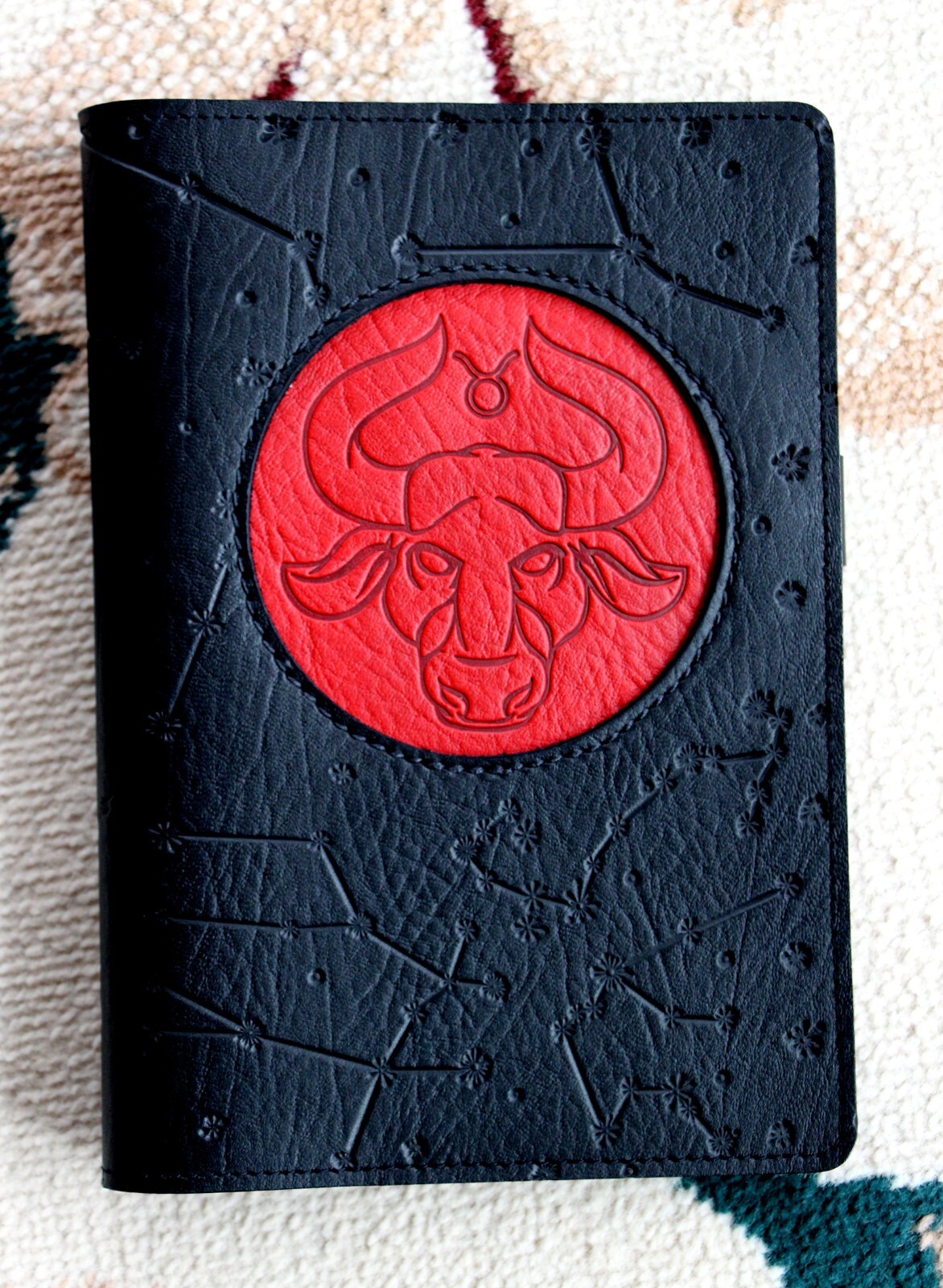Oberon Design Leather ICON Journal Cover-Taurus ZODIAC Constellations Black/red