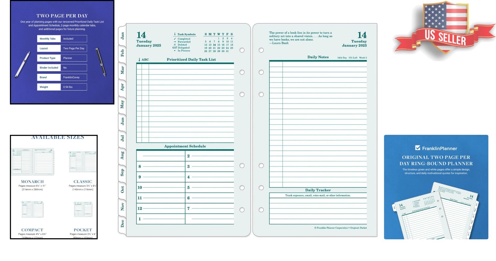 2025 Pocket Size Planner – Two Pages Per Day with Quotes for Daily Motivation