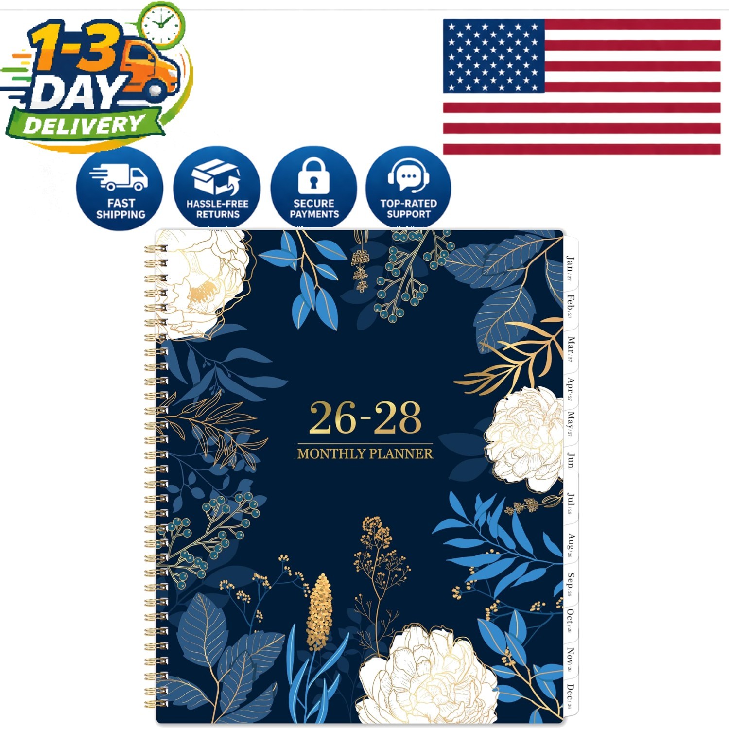 Elegant 2026-2028 Monthly Planner with Twin-Wire Binding & Note Pages – 11″x9″