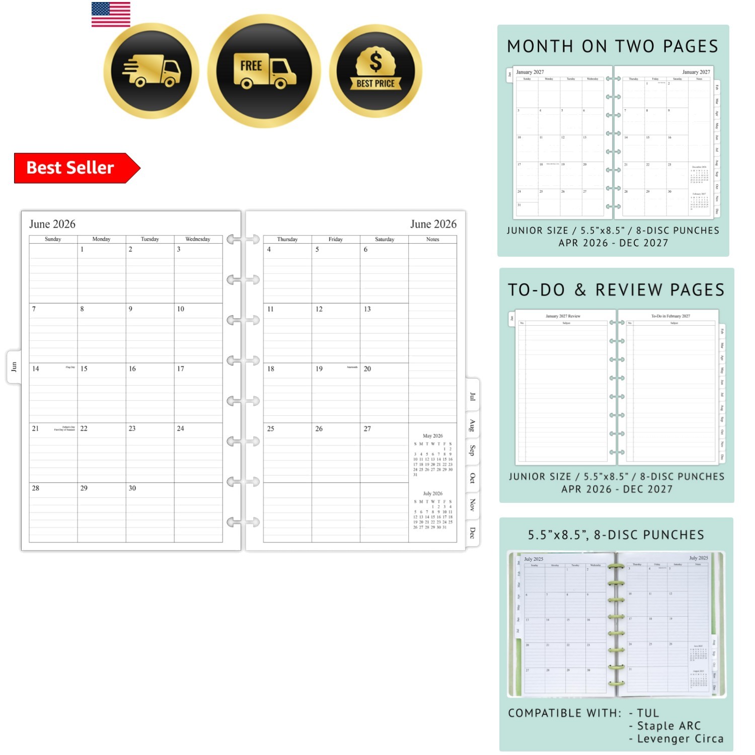 2026-2027 Monthly Planner Refill for 8-Discbound Notebook, Two Pages Per , Ju…