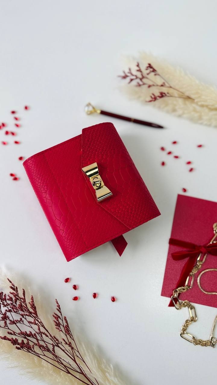 Red leather notebook cover A7 mini wallet. Lined day with time planner gift.