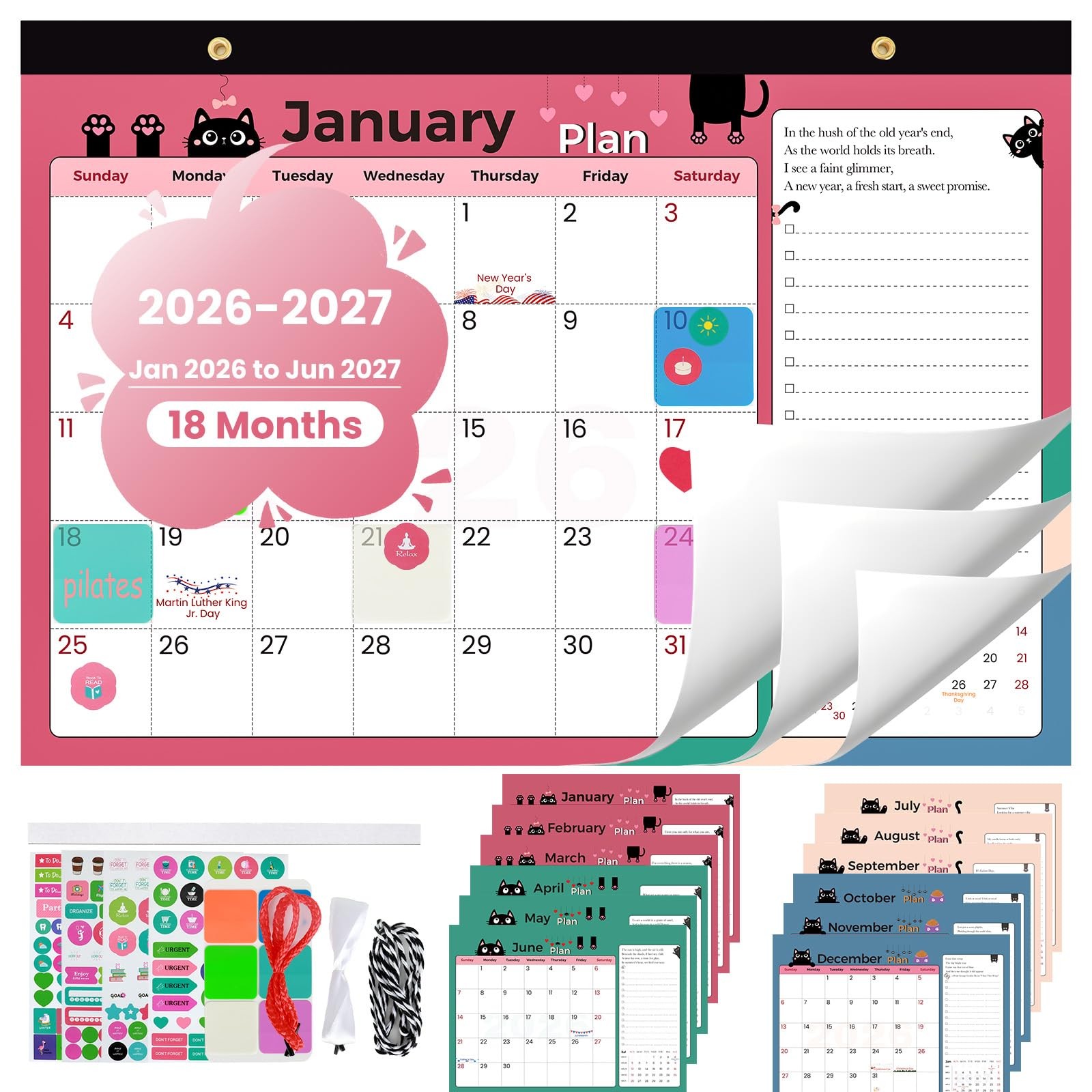 6uGooes Desk Calendar 2026-2027 (Jan 16.9″W x 11.9″H, 1 Pack 4 Theme Color