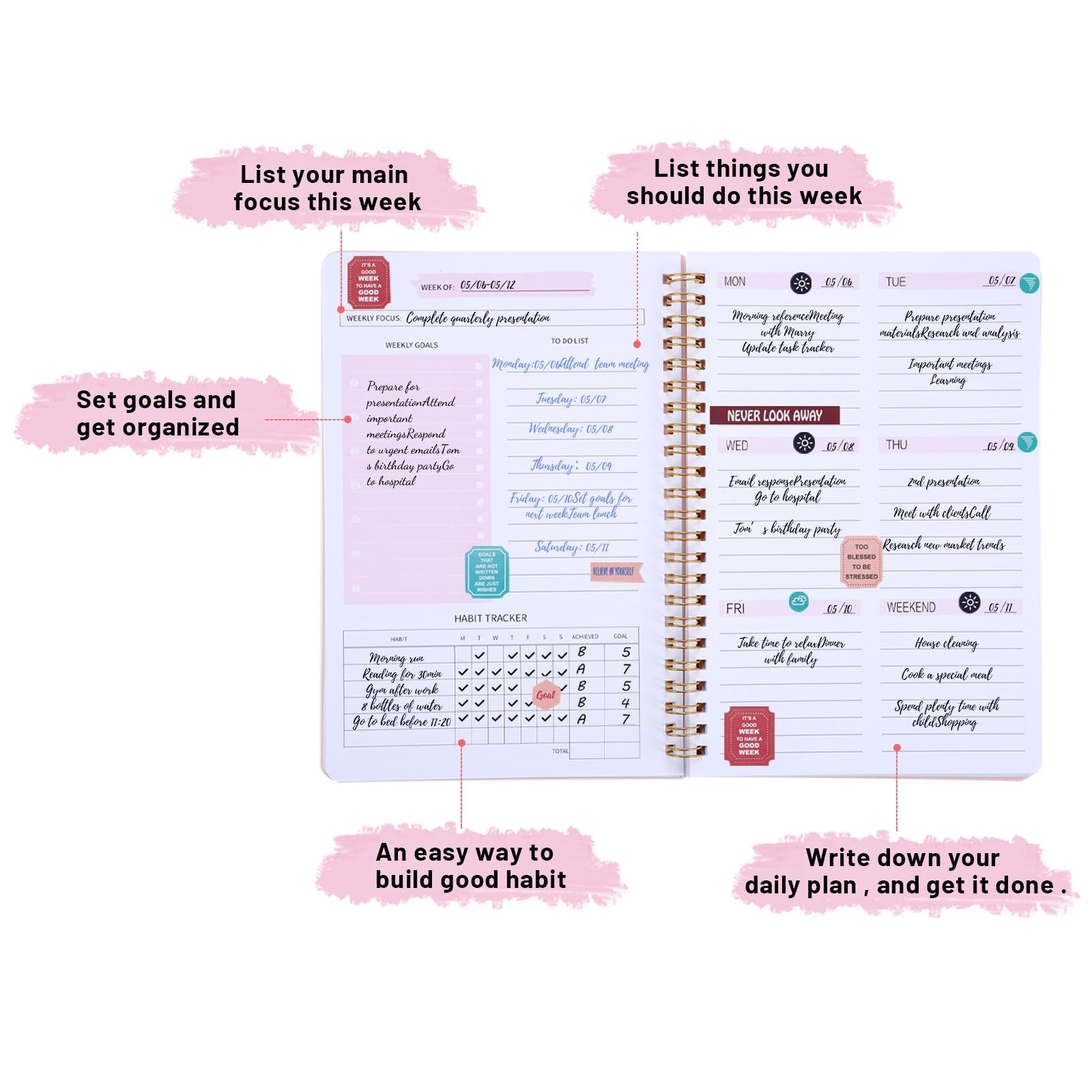 Undated Weekly Planner with Habit Tracker, 52 Weeks To Do List Notebook A5 We…