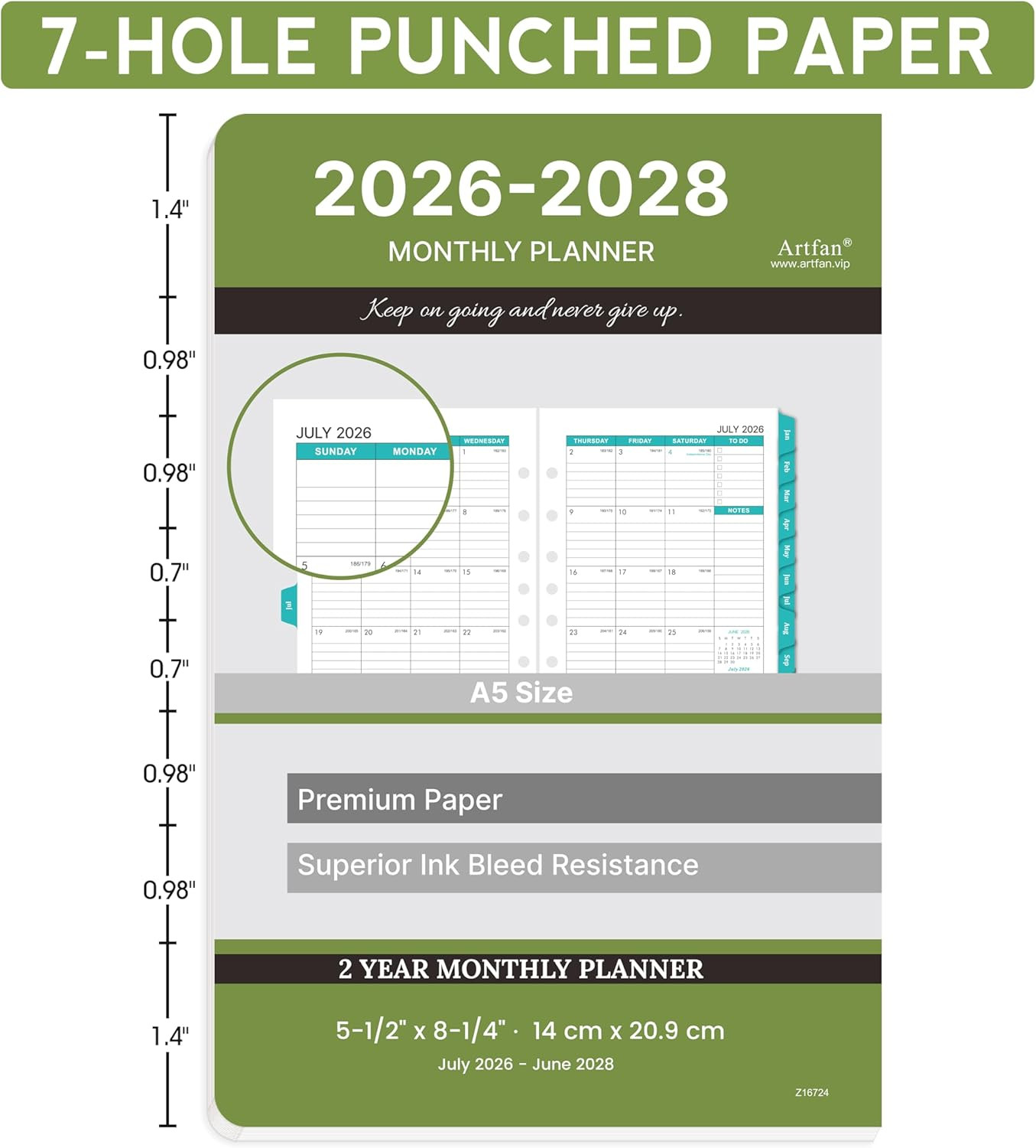 2026-2028 Monthly Planner Refill with Tabs, 5.5″ x 8.5″, 7-Hole Punched