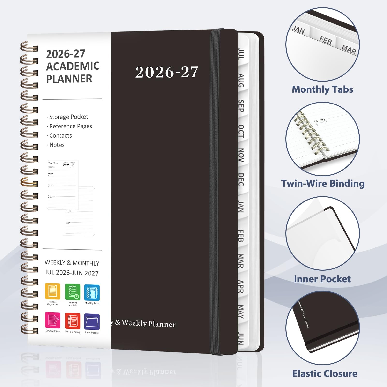 Planner 2026-2027, Weekly and 6.3″x8.5″(Jul 2026-Jun 2027), 2607-C-Black