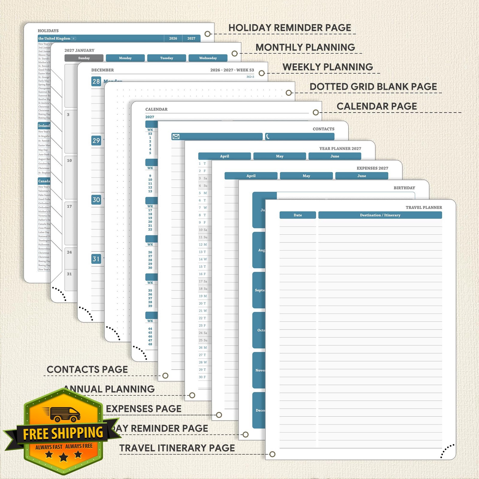 IN-LUXPRO Planner 2026-2027 Khaki Medium-6.5″ x 8.5″ Horizontal