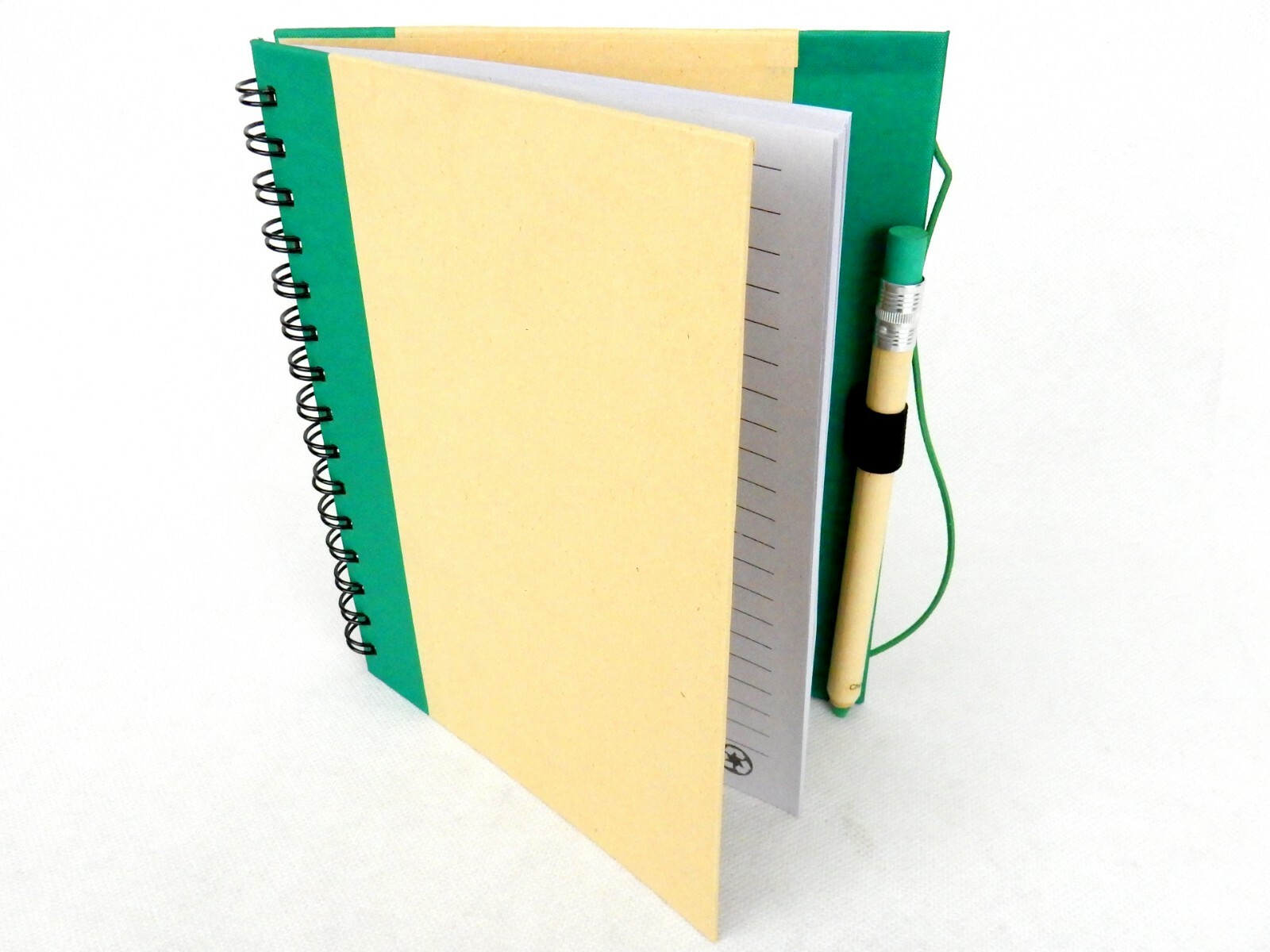 Recycled Notebook & Pen Set, Green & Beighe, Wire Bound, Strap Closure, #MP888
